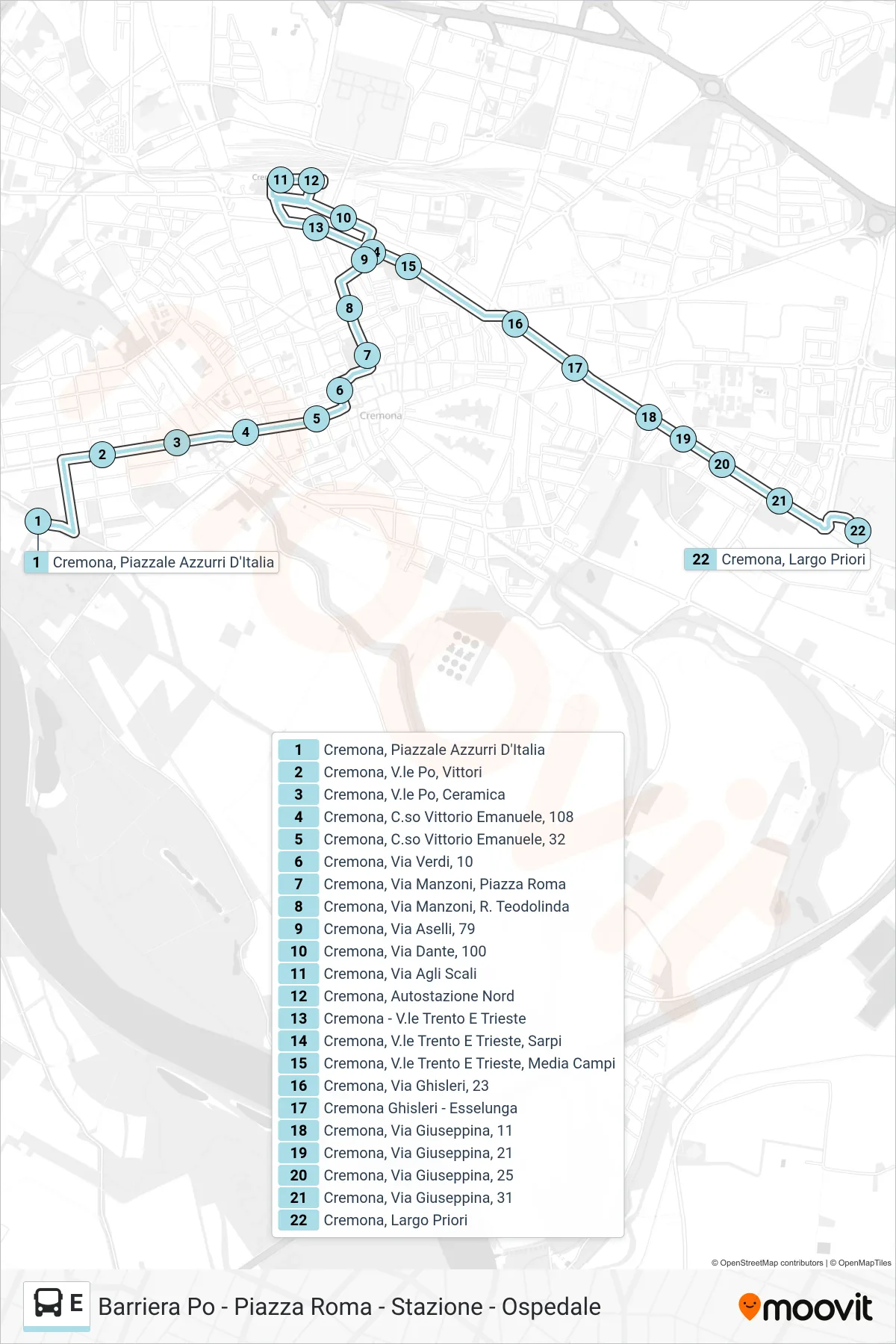 Linea E bus (Cremona, Largo Priori) - Percorsi e fermate sulla mappa