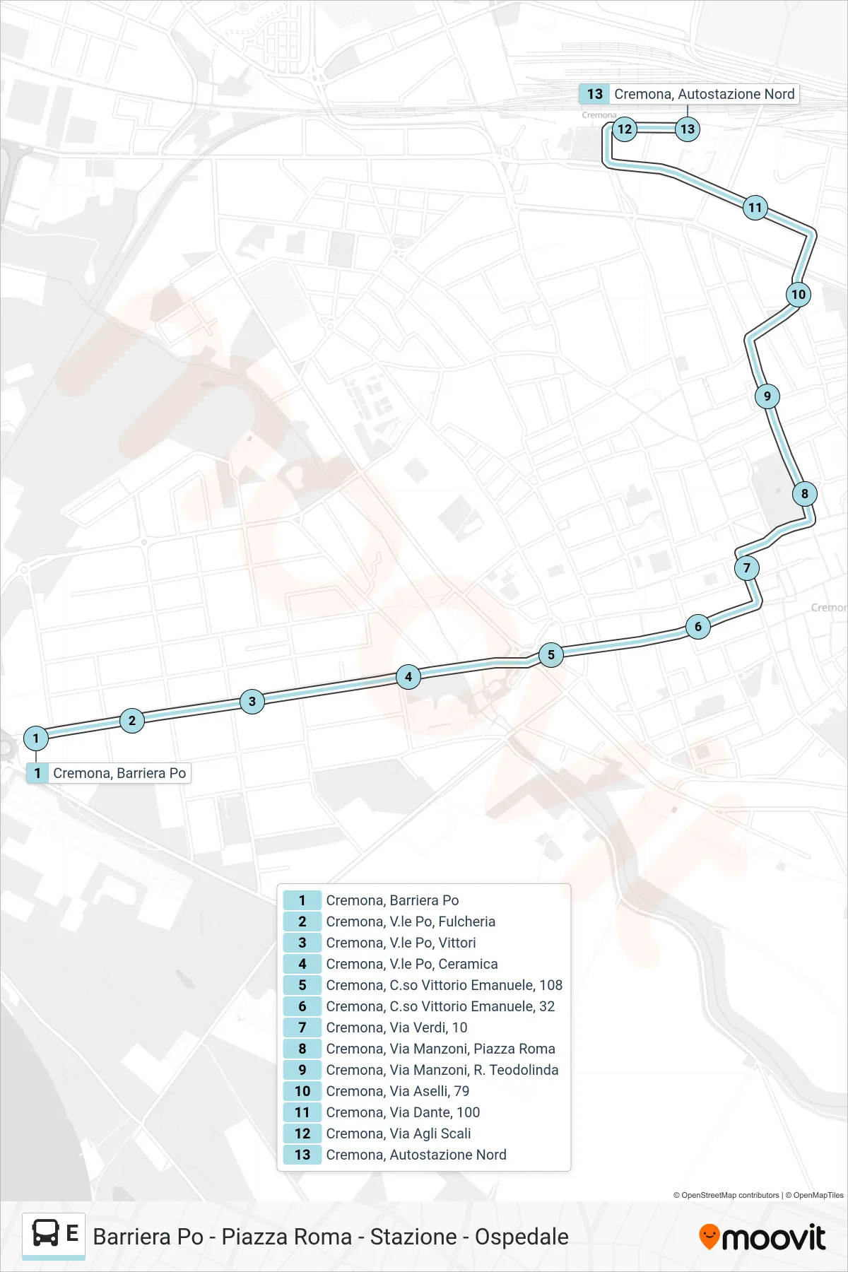 Linea E  bus (Autostazione Nord) - Percorsi e fermate sulla mappa