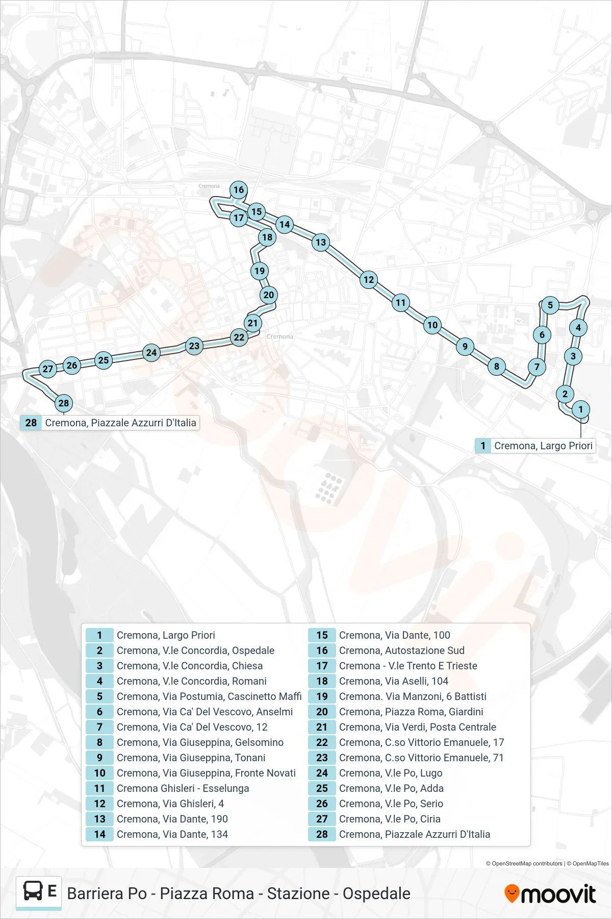 Linea E bus (Piazzale Azzurri d'Italia) - Percorsi e fermate sulla mappa