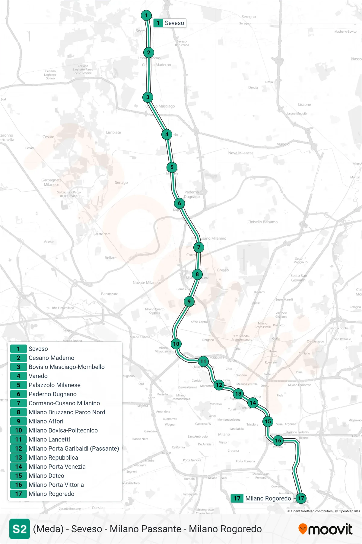 Linea S2  tram (Milano) - Percorsi e fermate sulla mappa