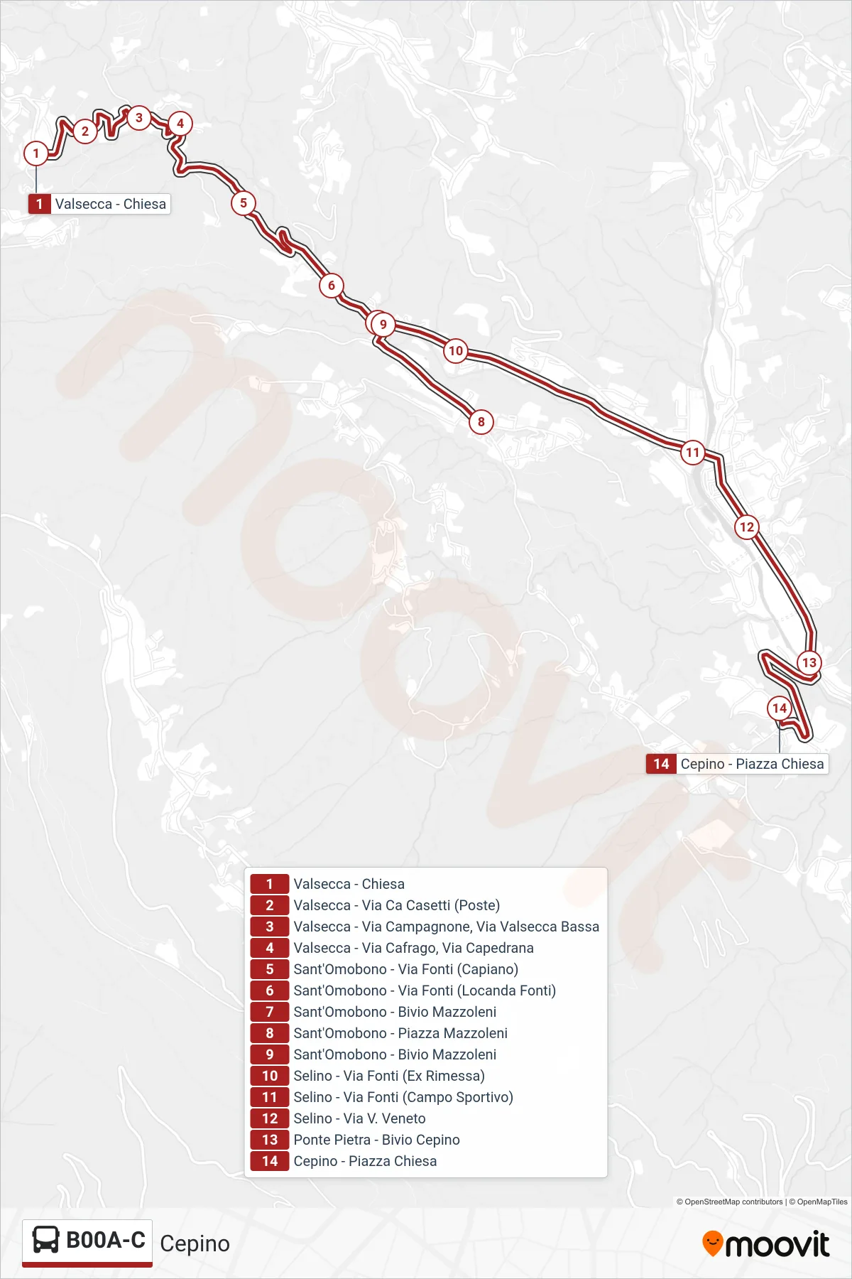 Linea B00A-C  bus (Cepino) - Percorsi e fermate sulla mappa