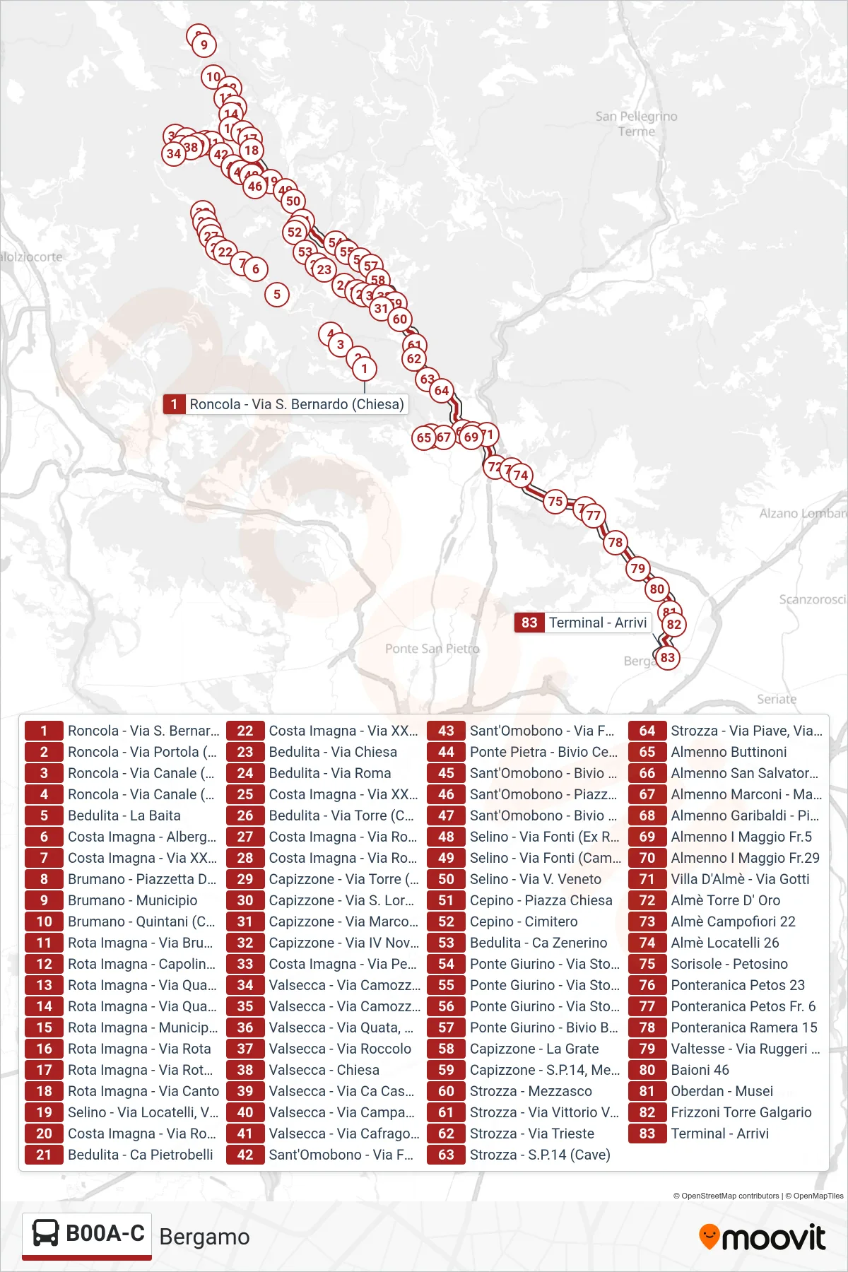 Linea B00A-C  bus (Bergamo) - Percorsi e fermate sulla mappa