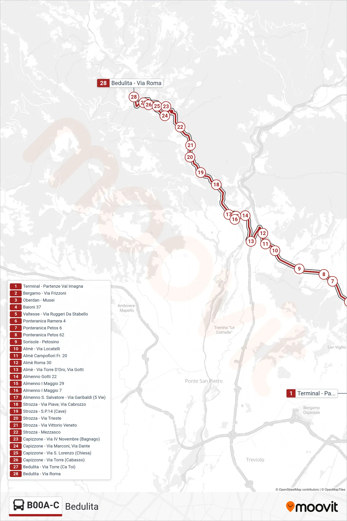 Linea B00A-C bus (Bedulita) - Percorsi e fermate sulla mappa