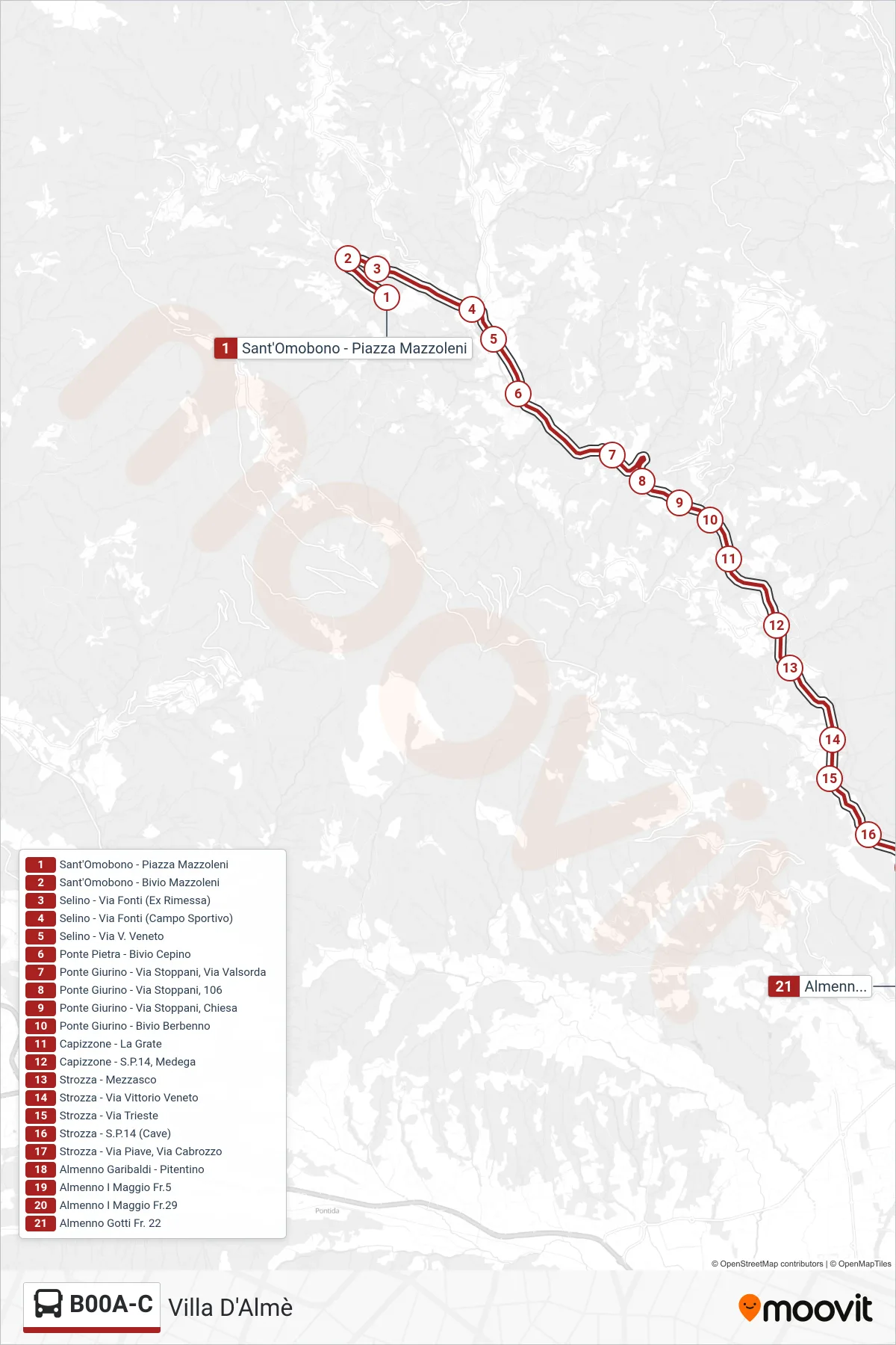 Linea B00A-C bus (Villa D'Almè) - Percorsi e fermate sulla mappa