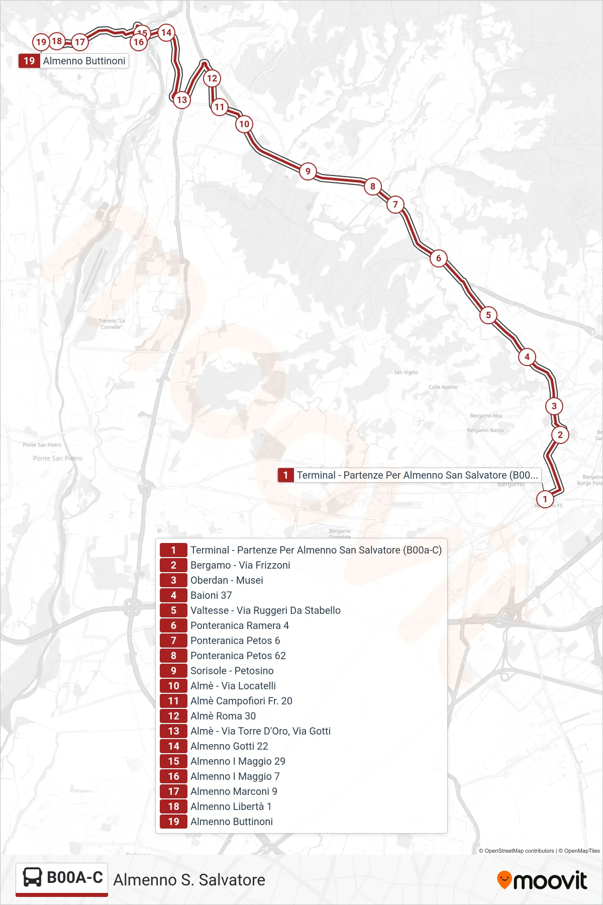 Linea B00A-C bus (Almenno S. Salvatore) - Percorsi e fermate sulla mappa