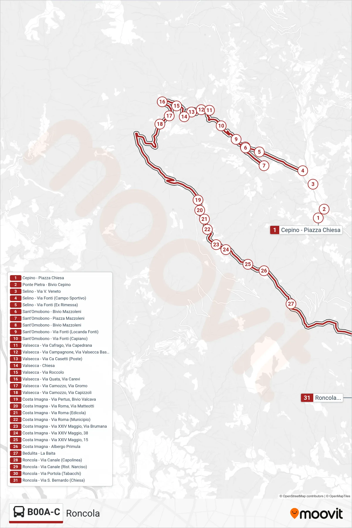 Linea B00A-C bus (Roncola) - Percorsi e fermate sulla mappa