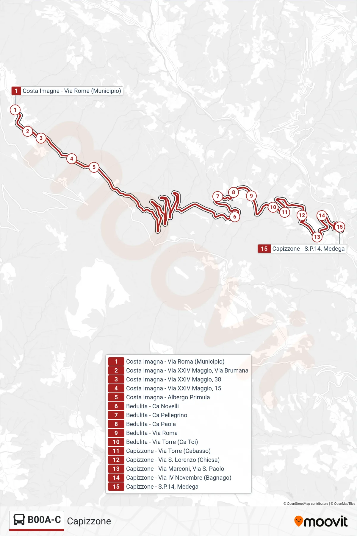 Linea B00A-C bus (Capizzone) - Percorsi e fermate sulla mappa