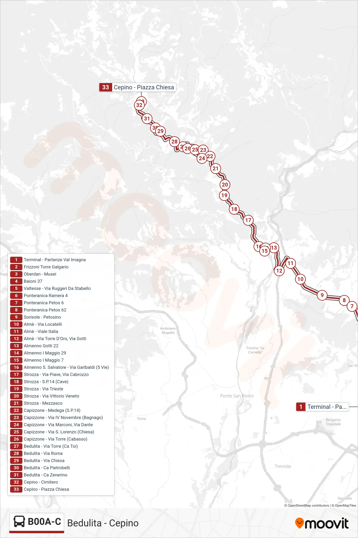 Linea B00A-C bus (Bedulita - Cepino) - Percorsi e fermate sulla mappa