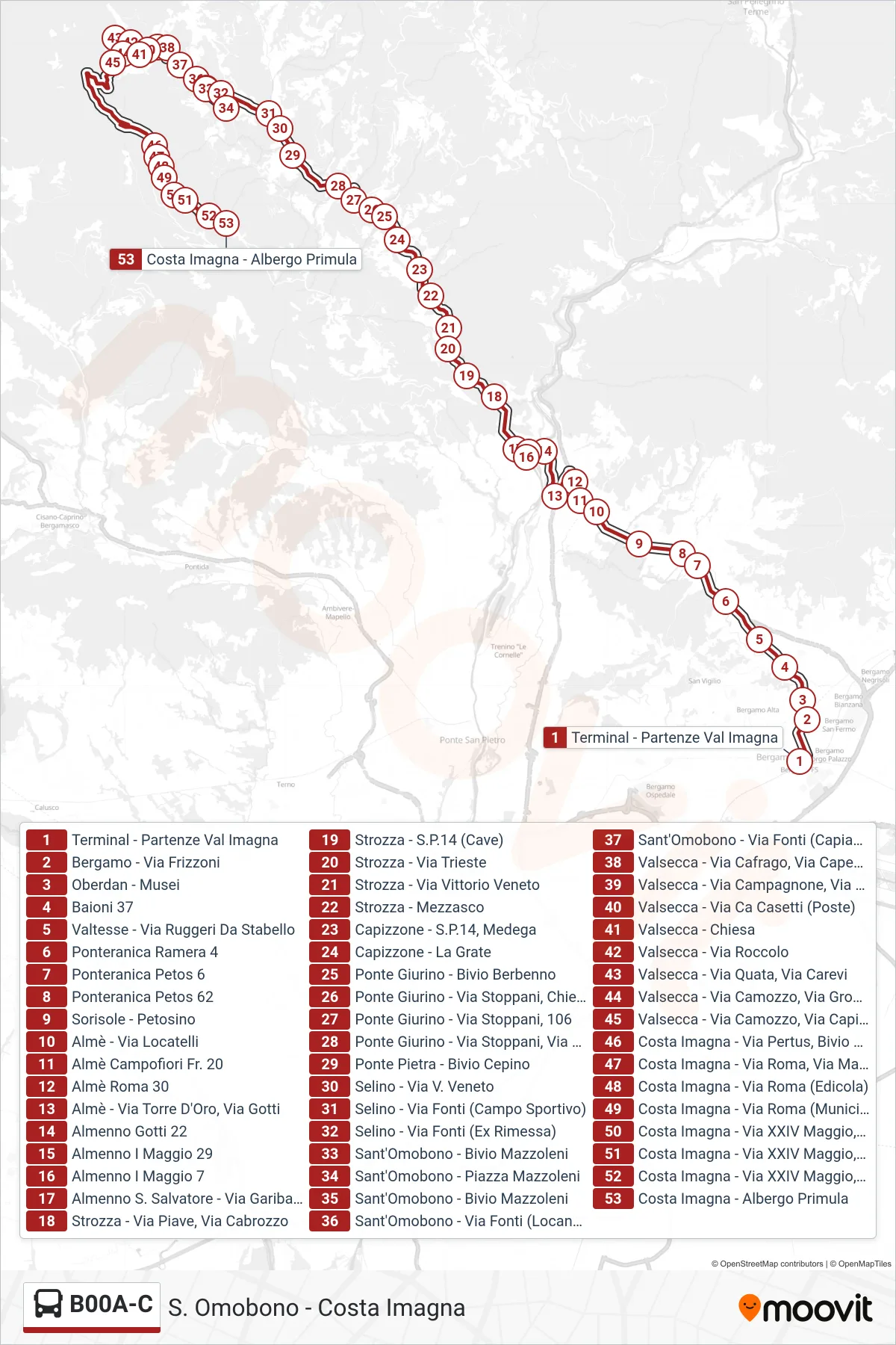 Linea B00A-C  bus (S. Omobono - Costa Imagna) - Percorsi e fermate sulla mappa