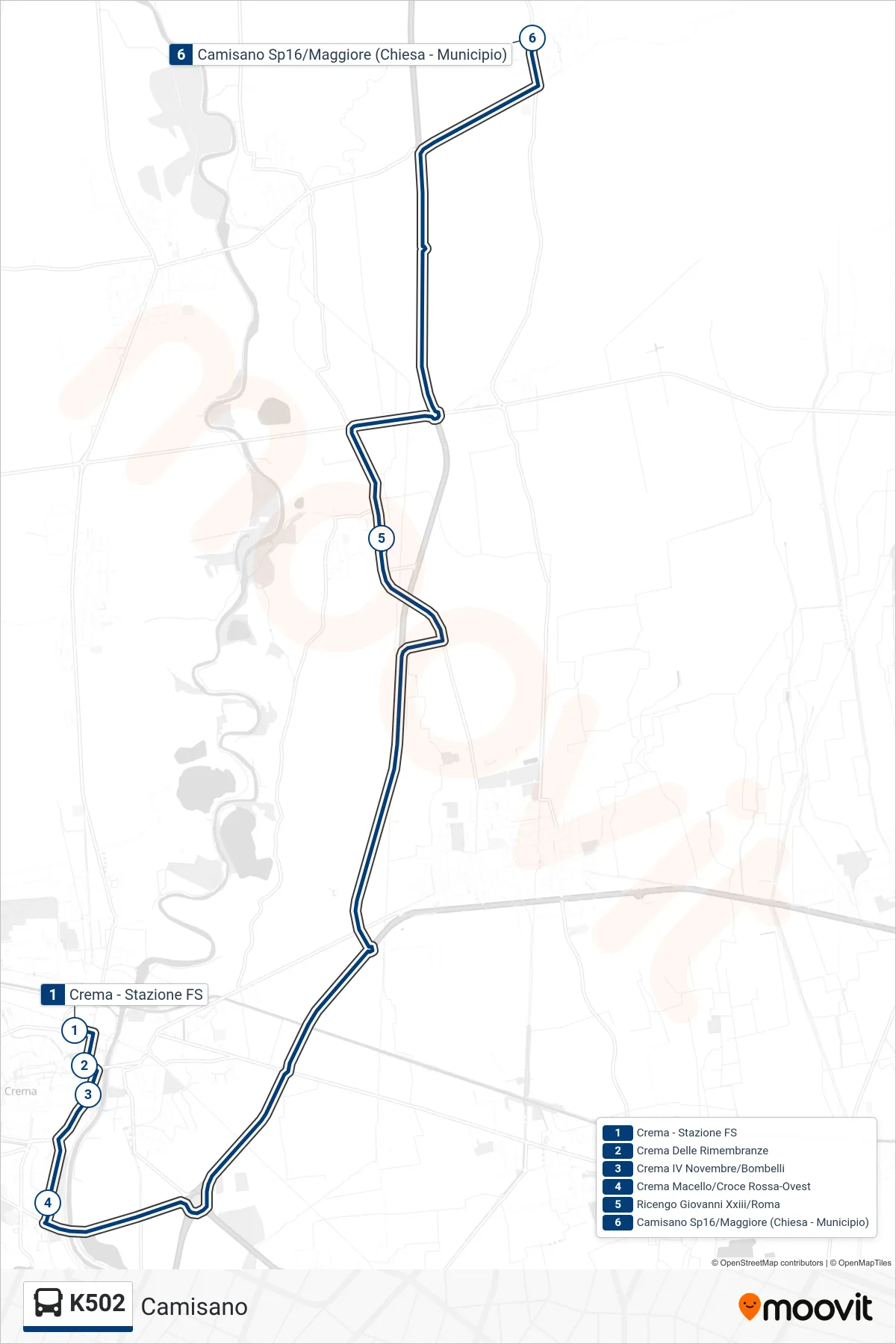 Linea K502  tram (Camisano) - Percorsi e fermate sulla mappa