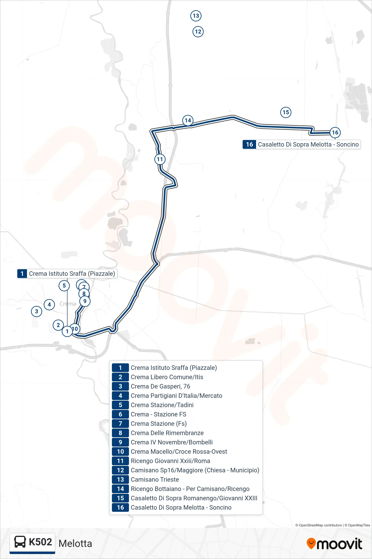 Linea K502 tram (Melotta) - Percorsi e fermate sulla mappa