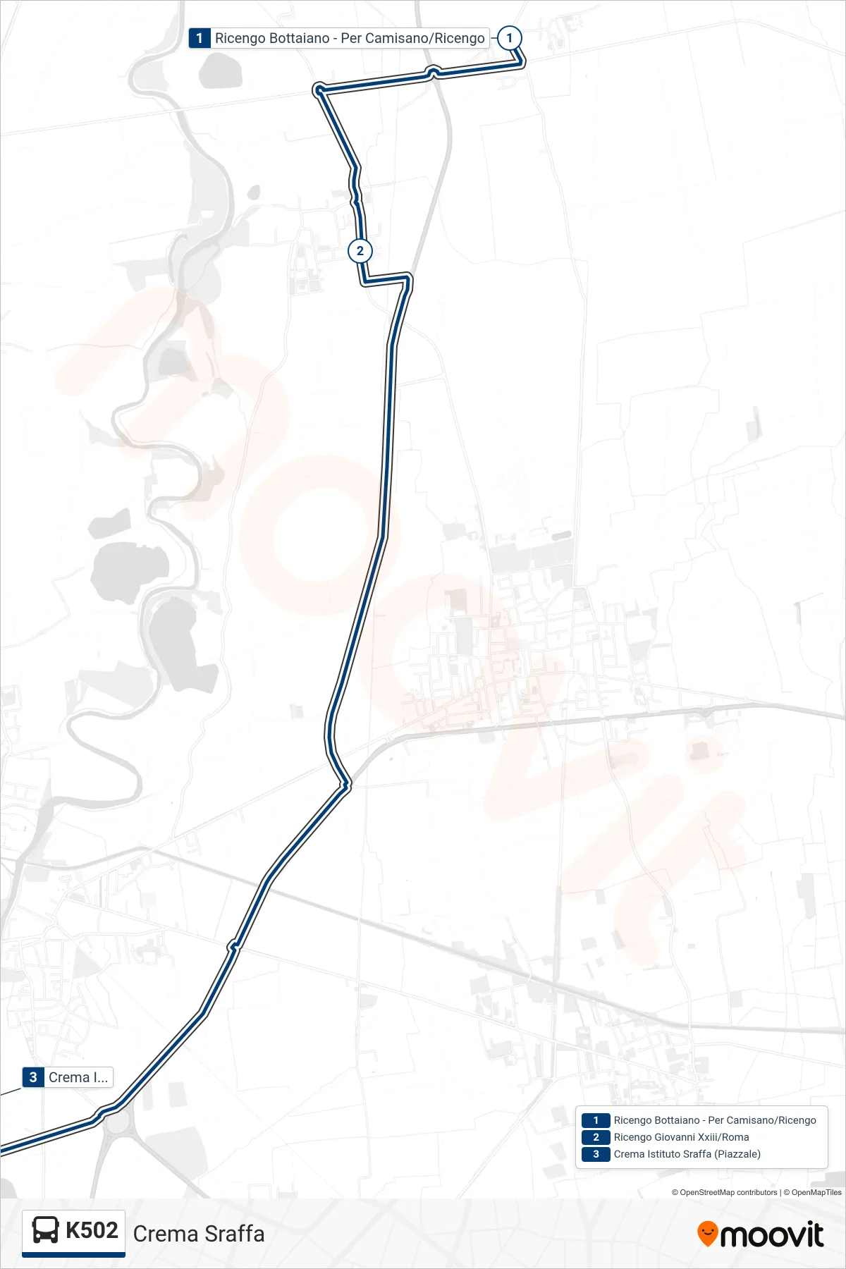 Linea K502 tram (Crema Sraffa) - Percorsi e fermate sulla mappa
