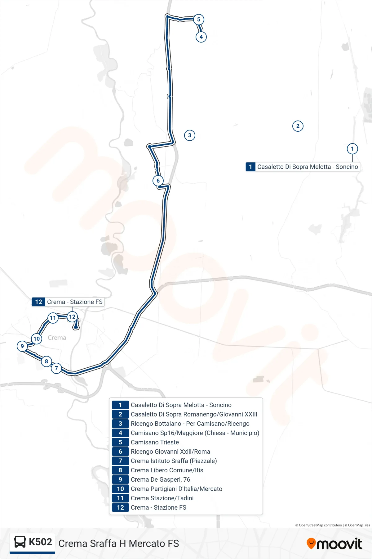 Linea K502  tram (Crema Sraffa H Mercato FS) - Percorsi e fermate sulla mappa