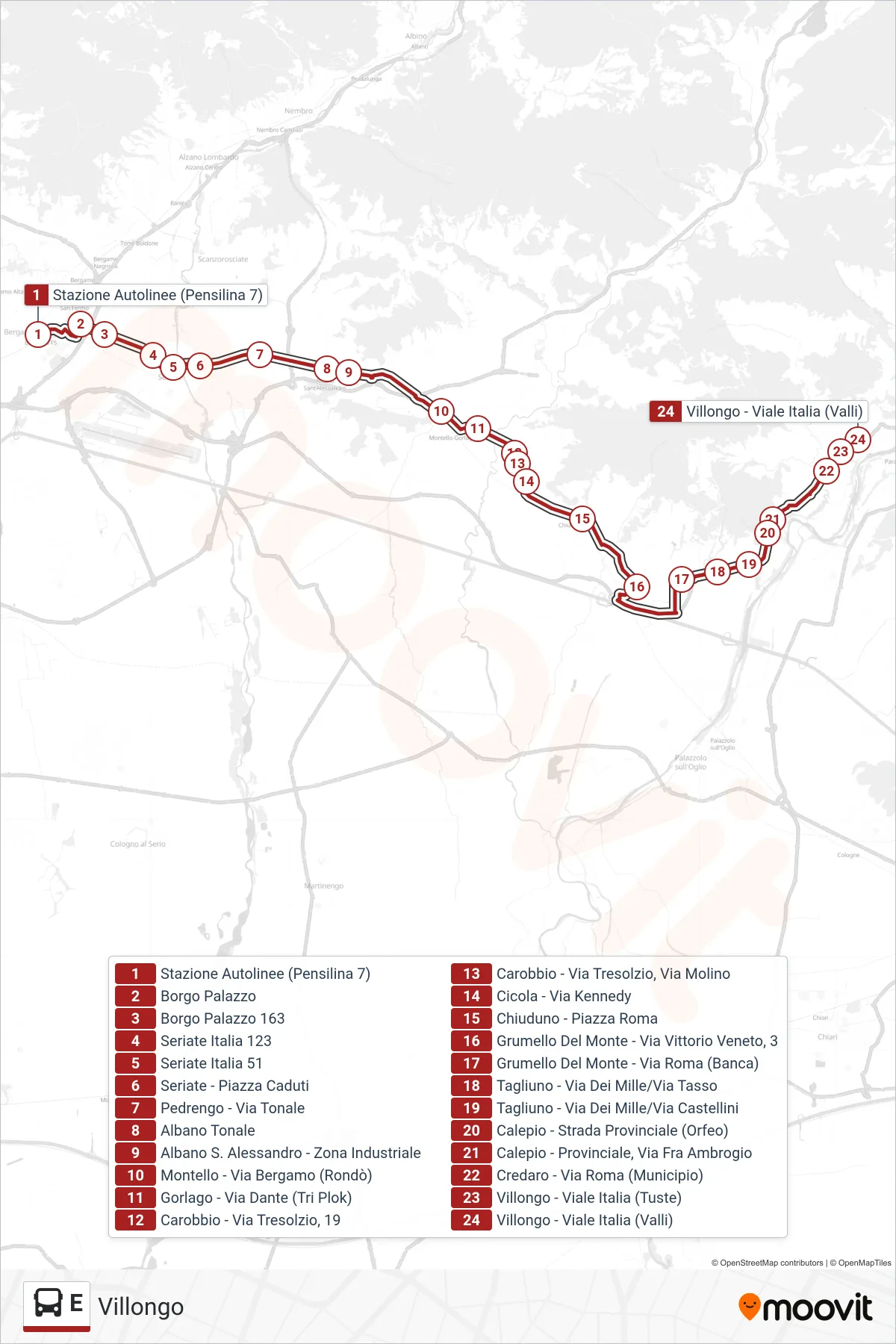 Linea E  bus (Villongo) - Percorsi e fermate sulla mappa