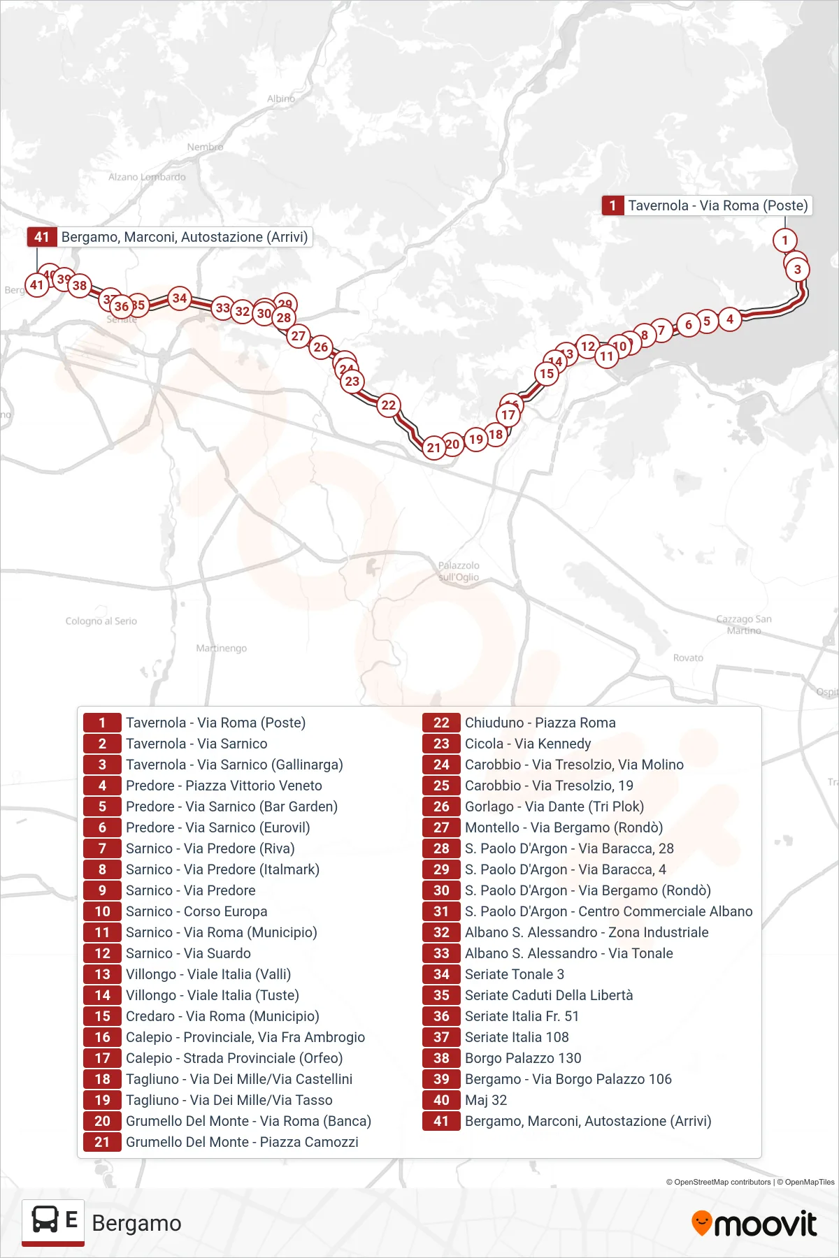 Linea E bus (Bergamo) - Percorsi e fermate sulla mappa