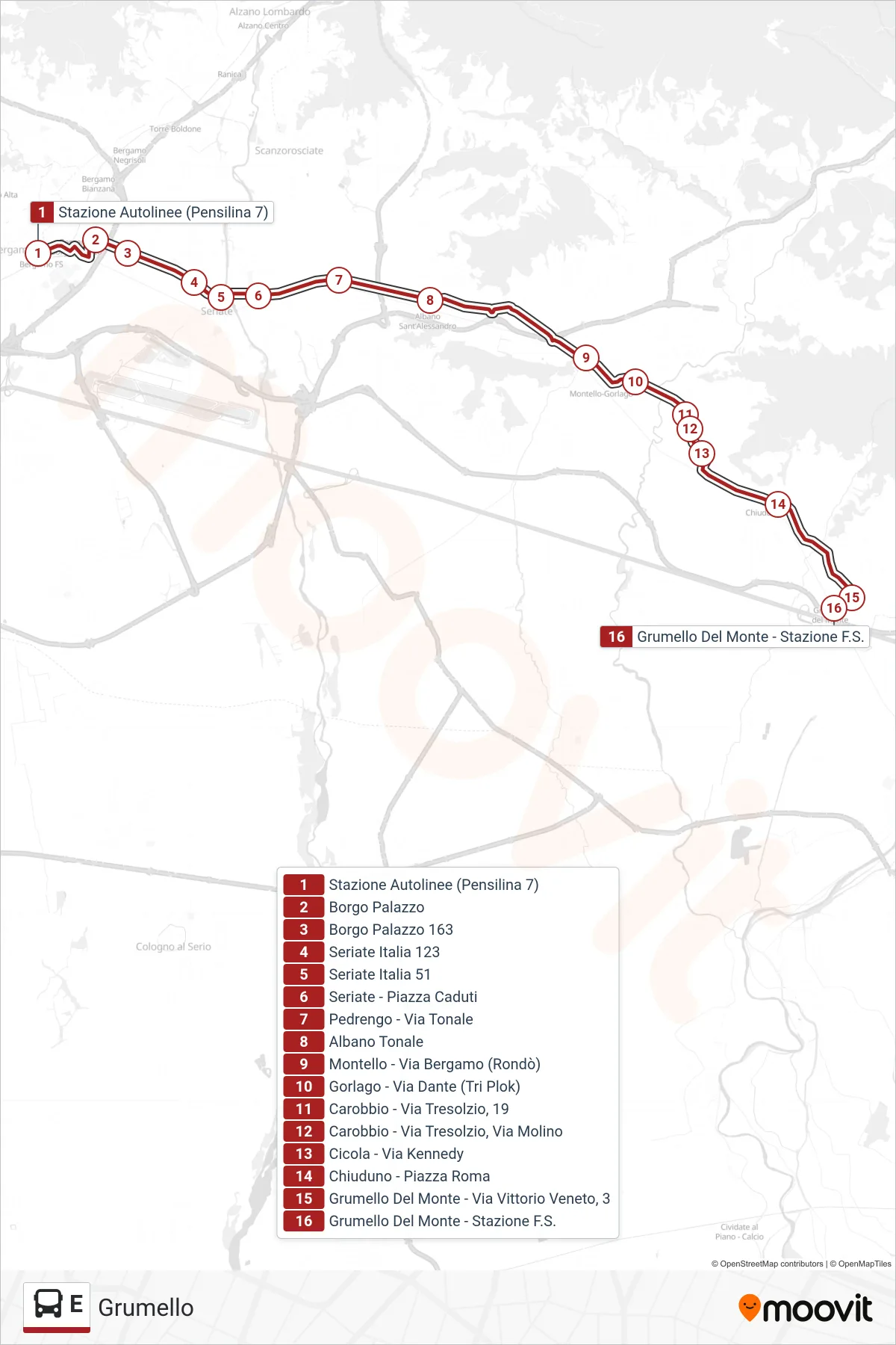 Linea E bus (Grumello) - Percorsi e fermate sulla mappa