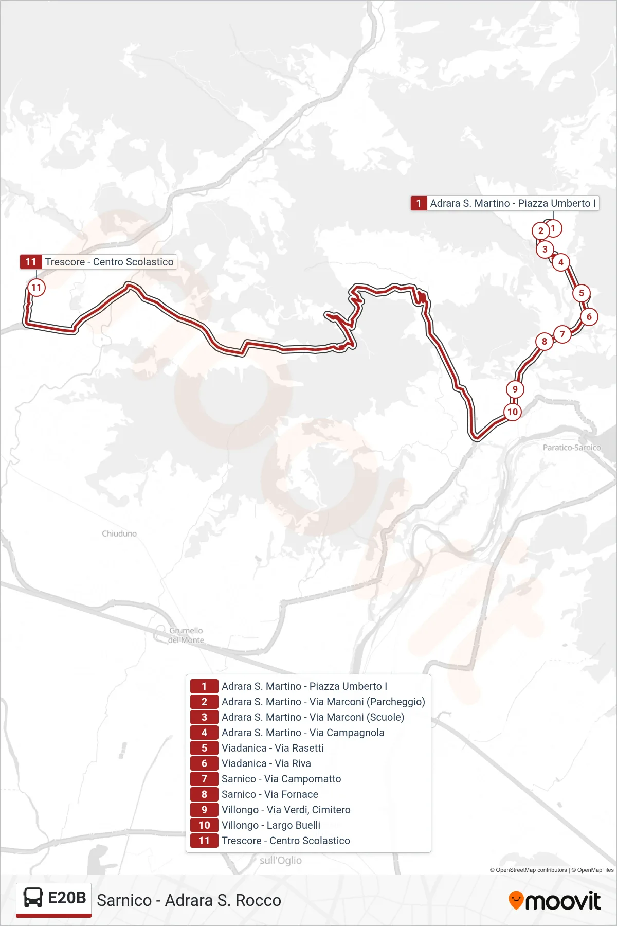 Linea E20B bus (Trescore - Centro Scolastico) - Percorsi e fermate sulla mappa