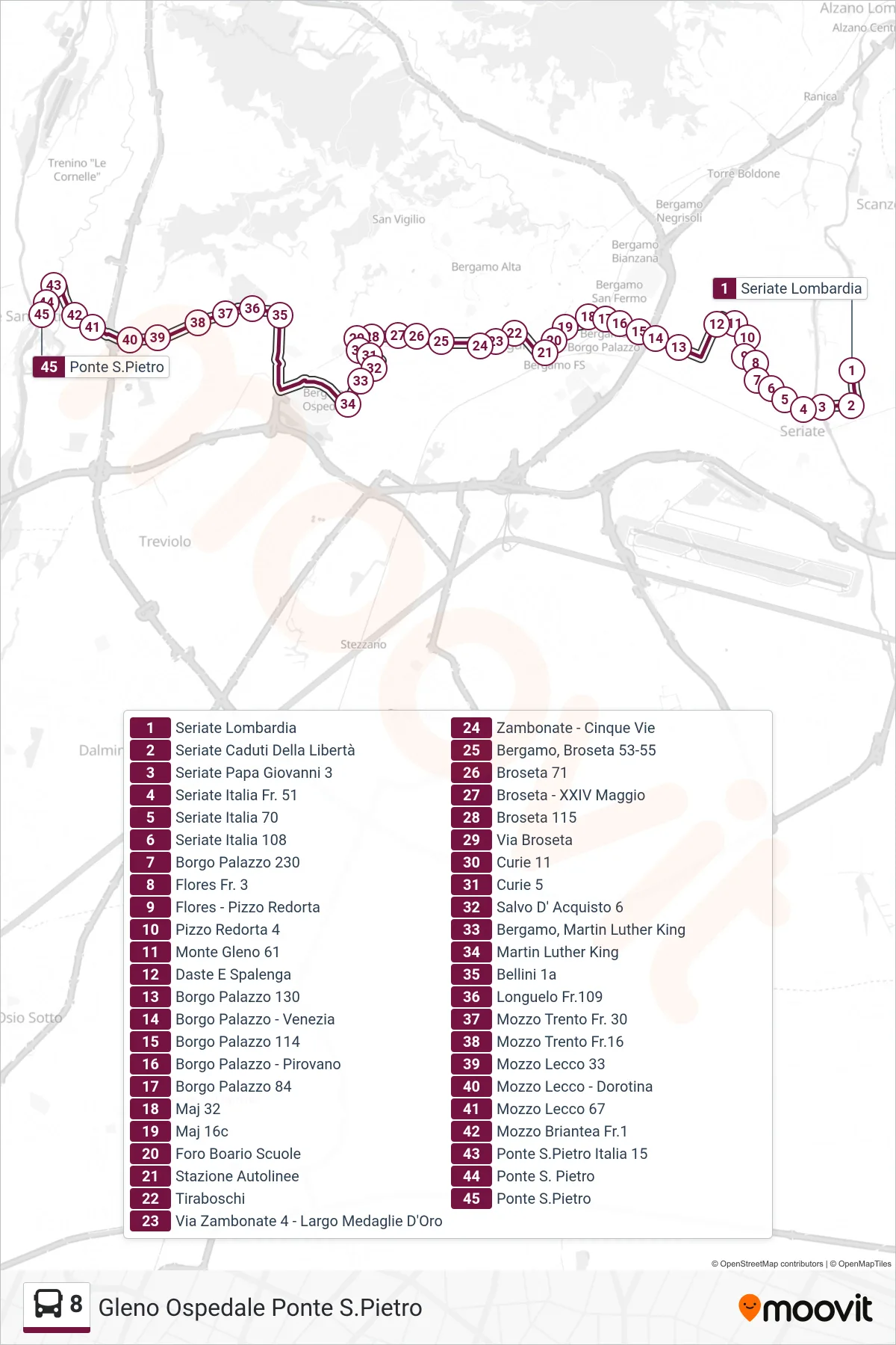 Linea 8  bus (Gleno Ospedale Ponte S.Pietro) - Percorsi e fermate sulla mappa