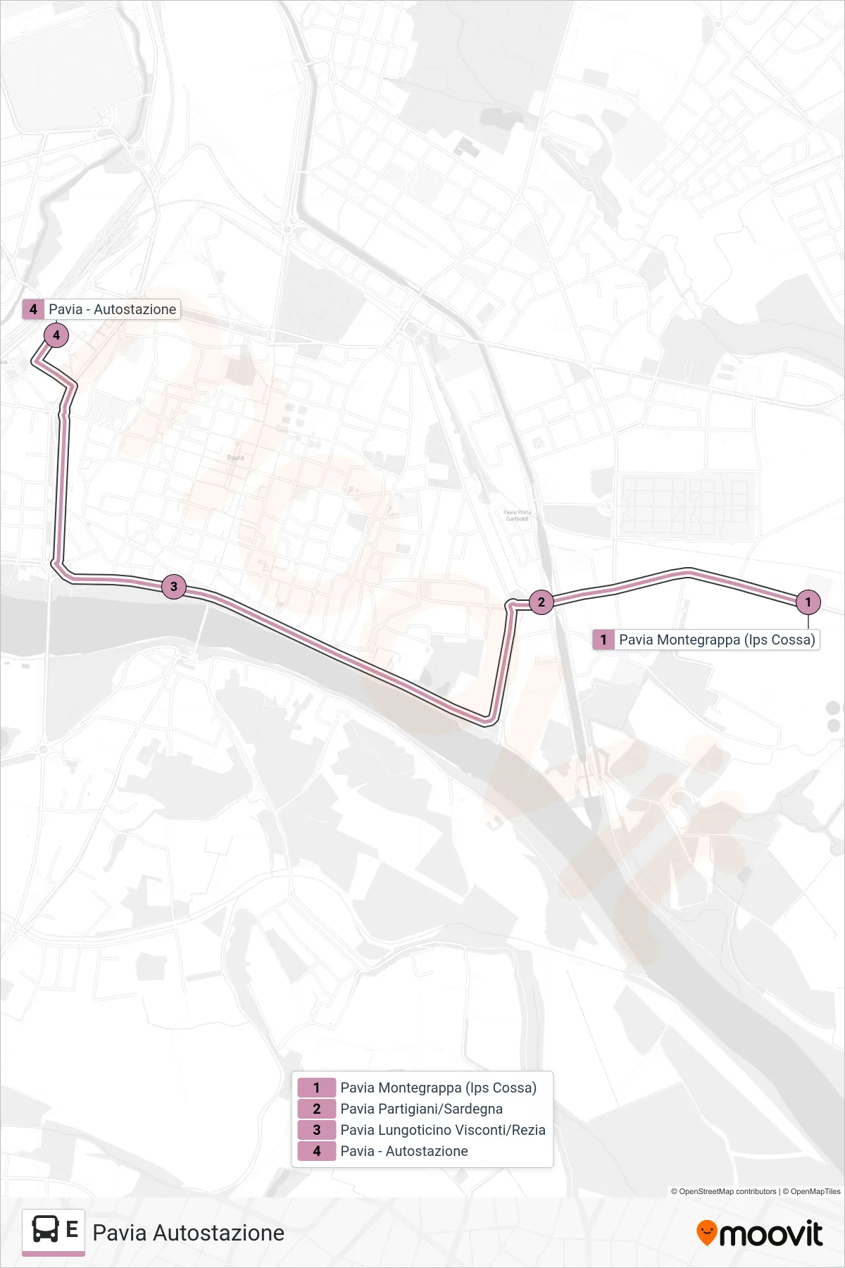 Linea E bus (Pavia Autostazione) - Percorsi e fermate sulla mappa