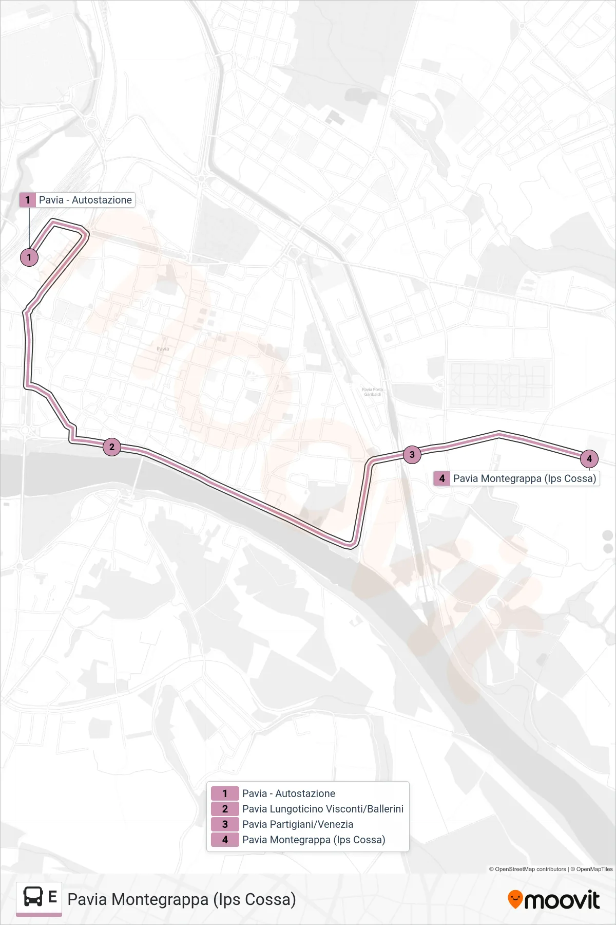Linea E bus (Pavia Montegrappa (Ips Cossa)) - Percorsi e fermate sulla mappa