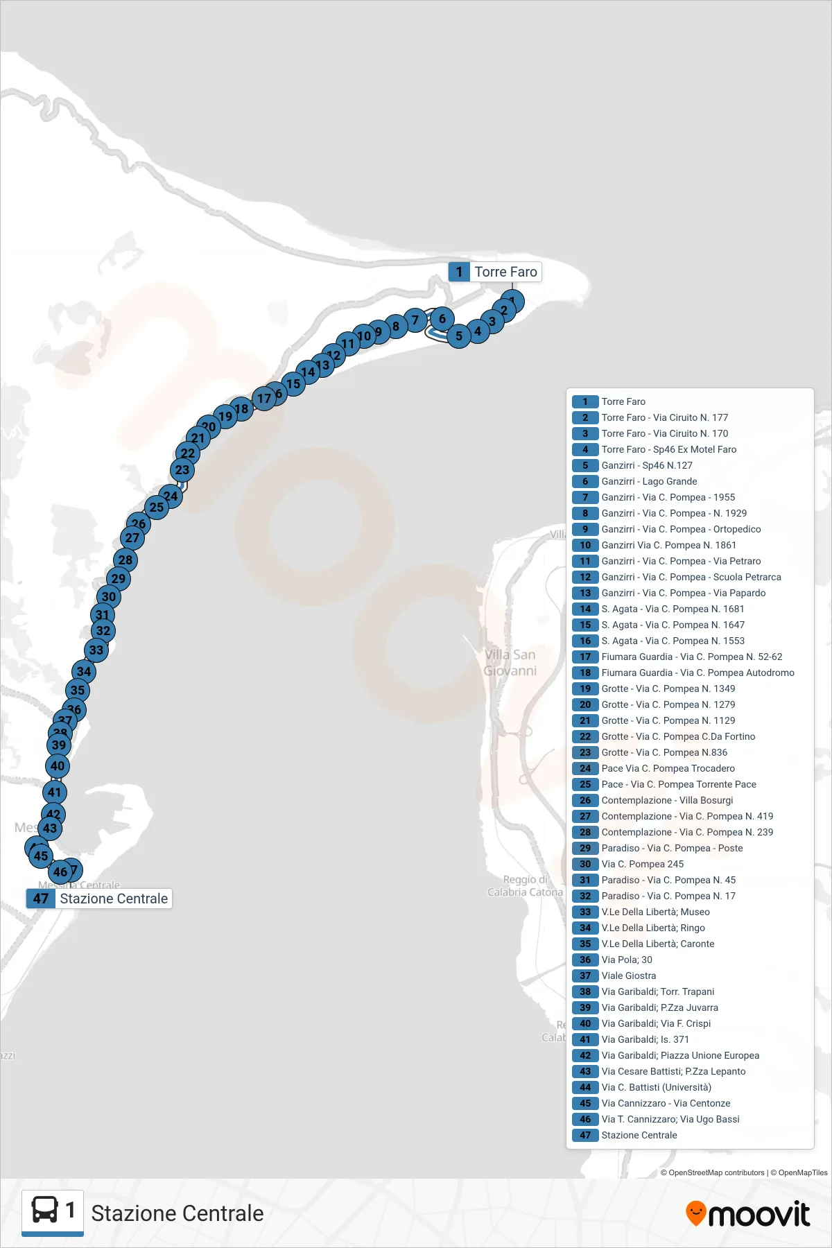 Linea 1  bus (Stazione Centrale) - Percorsi e fermate sulla mappa