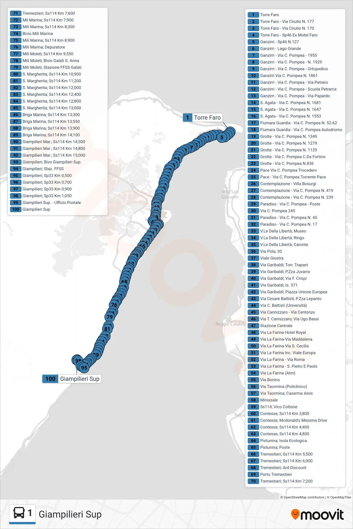 Linea 1  bus (Giampilieri Sup) - Percorsi e fermate sulla mappa