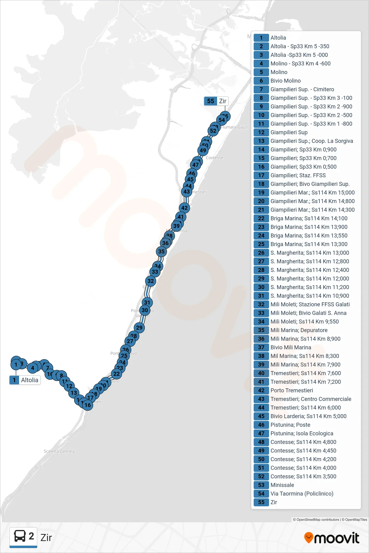 2 bus Line (Zir) route and stops on a map