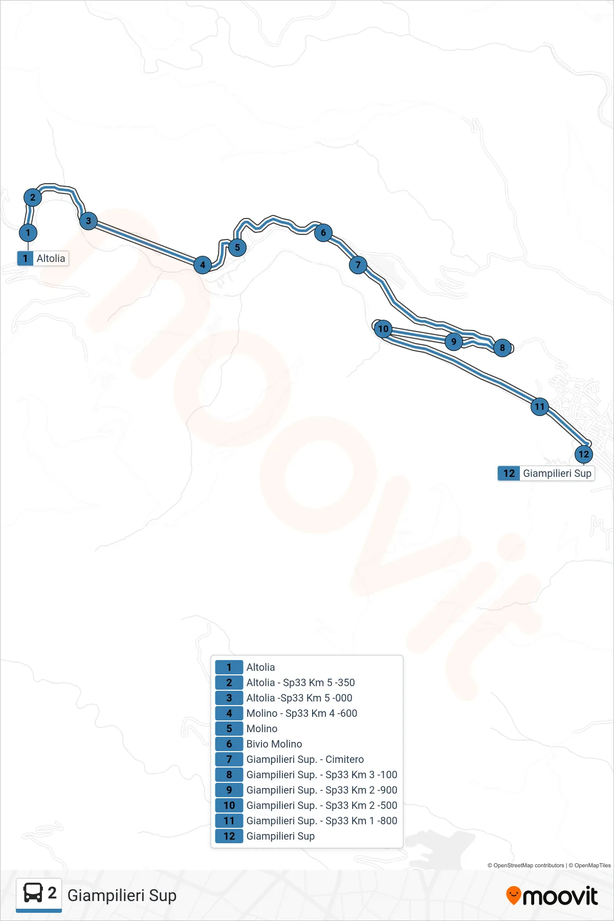 2 bus Line (Upper Giampilieri) route and stops on a map