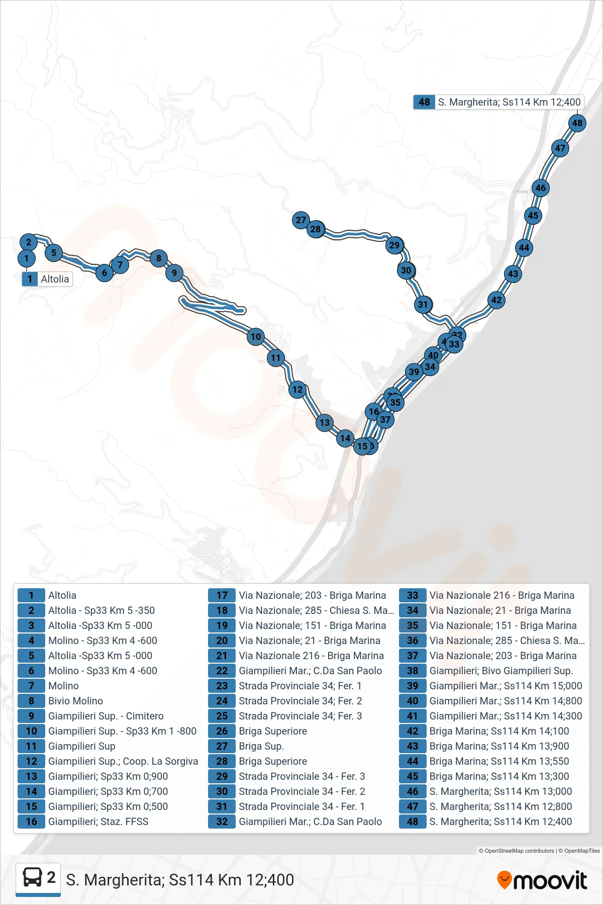 Linea 2  bus (S. Margherita; Ss114 Km 12;400) - Percorsi e fermate sulla mappa