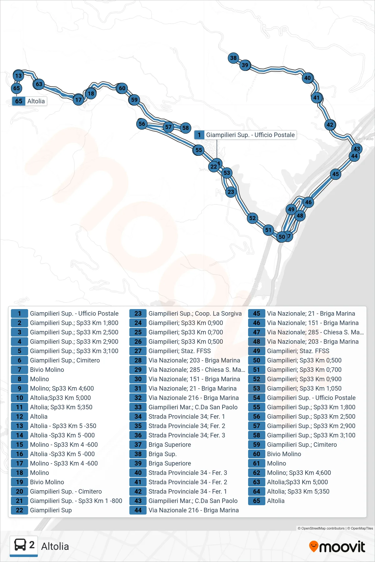 Linea 2  bus (Altolia) - Percorsi e fermate sulla mappa
