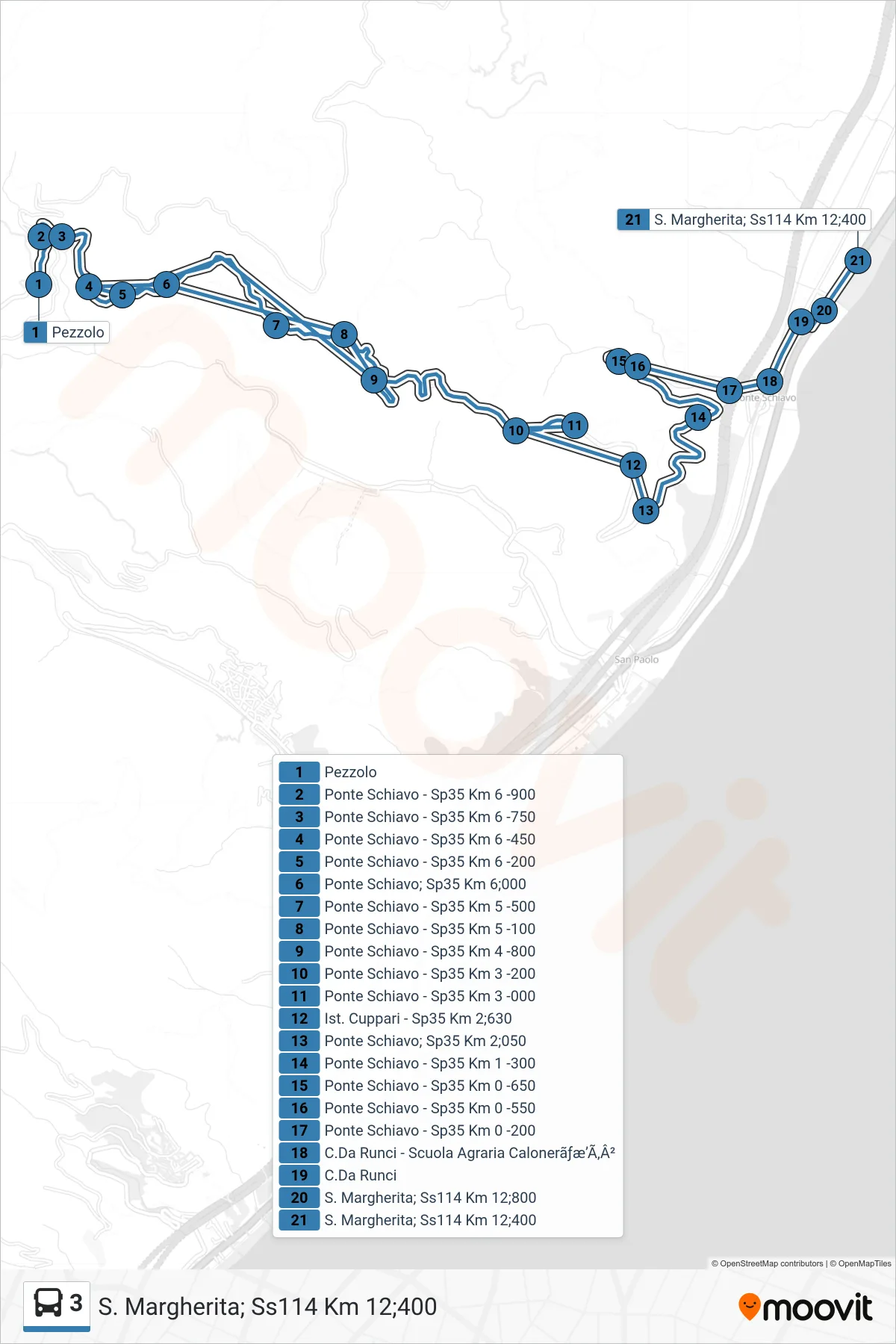 Linea 3 bus (S. Margherita; Ss114 Km 12;400) - Percorsi e fermate sulla mappa