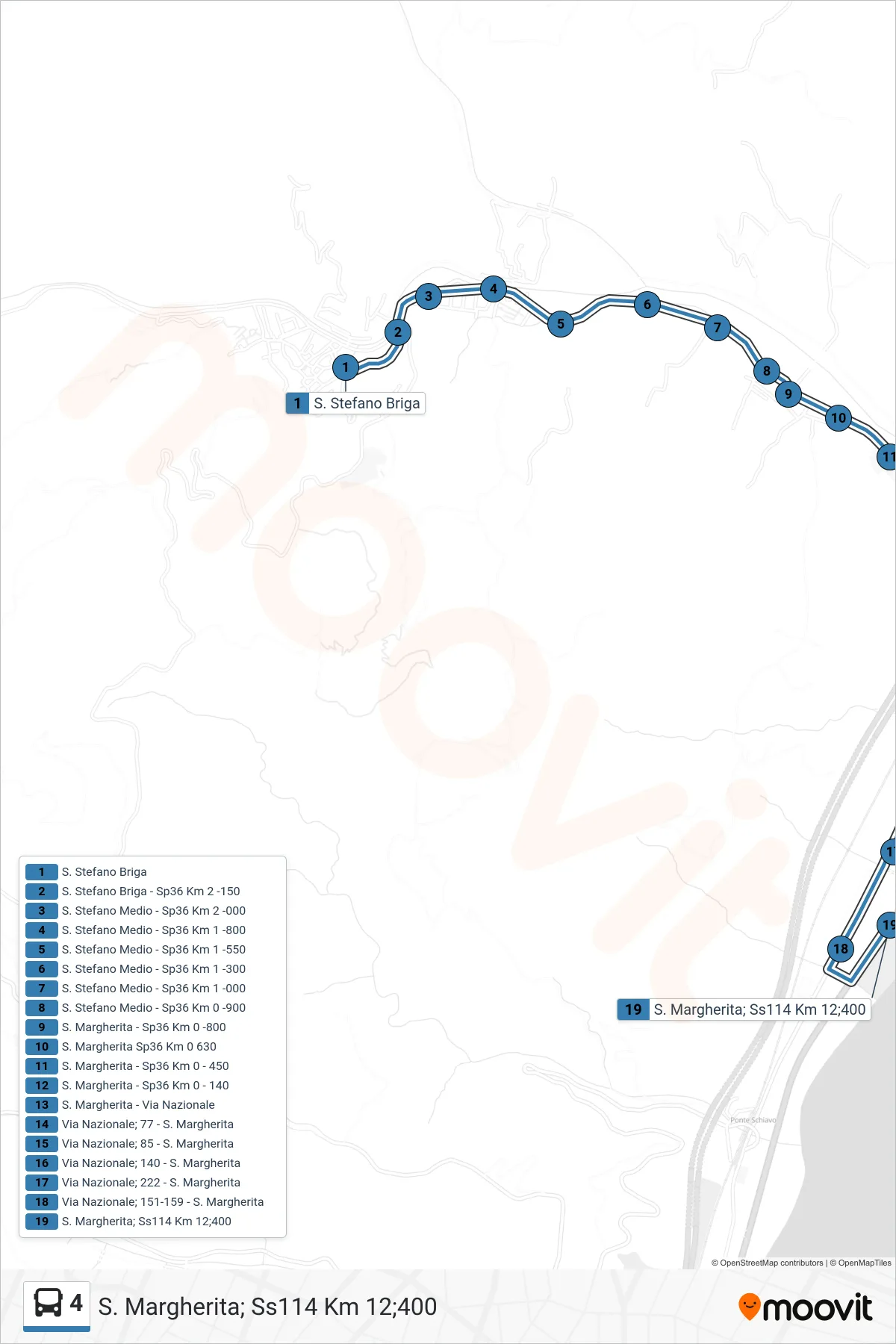 Linea 4 bus (S. Margherita; Ss114 Km 12;400) - Percorsi e fermate sulla mappa