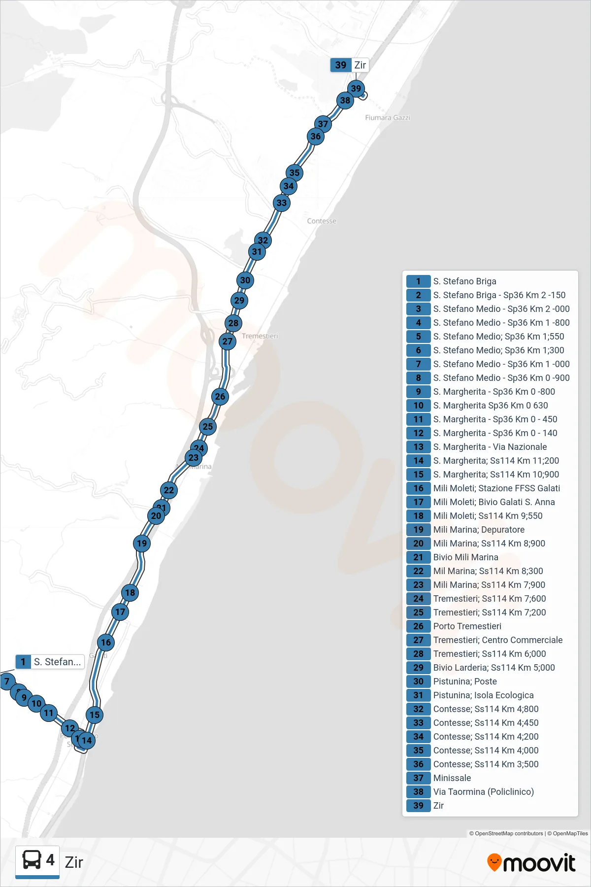 Linea 4 bus (Zir) - Percorsi e fermate sulla mappa