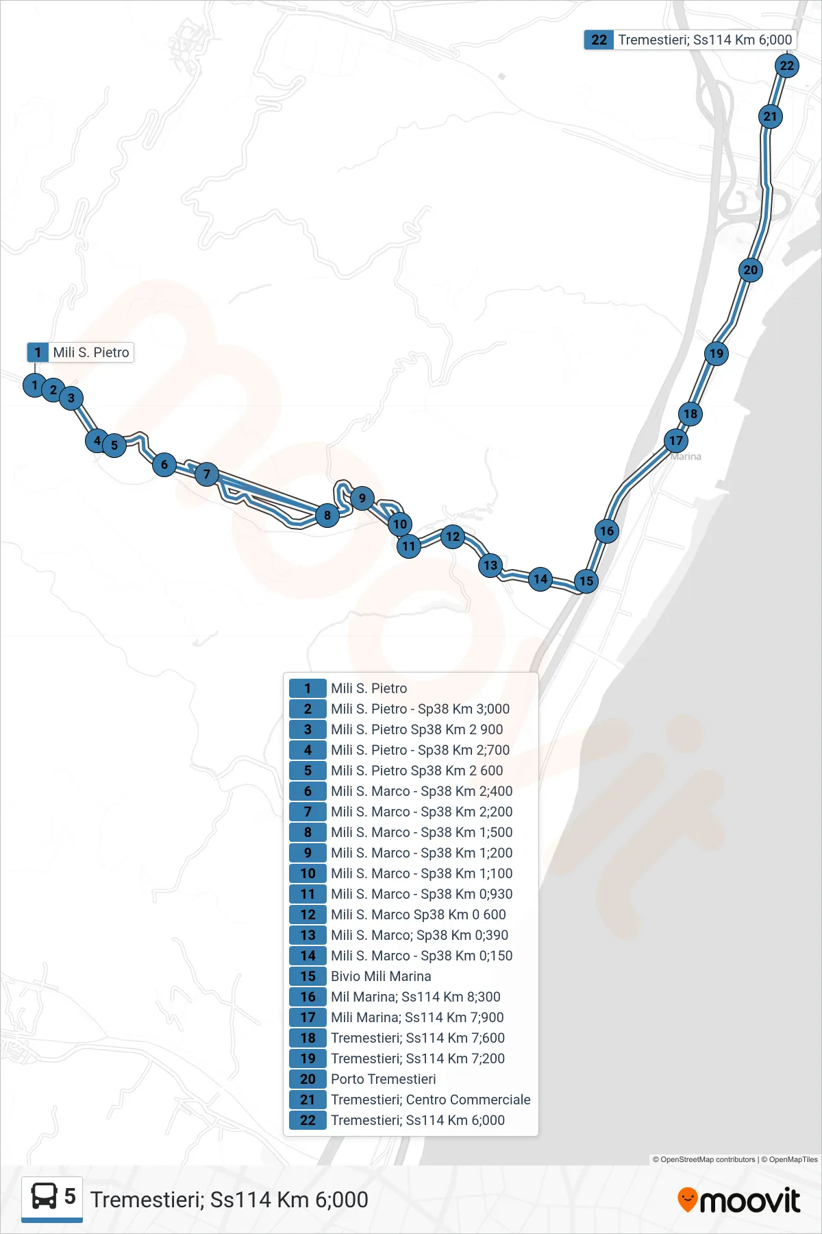 Linea 5 bus (Tremestieri; Ss114 Km 6;000) - Percorsi e fermate sulla mappa