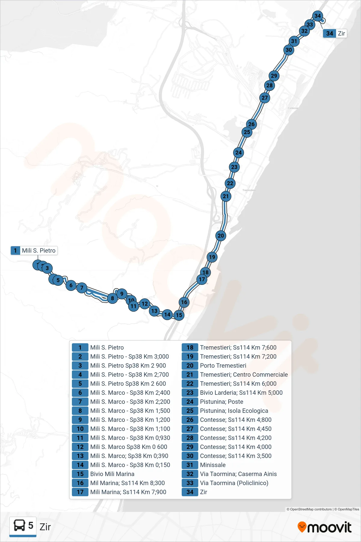 Linea 5 bus (Zir) - Percorsi e fermate sulla mappa