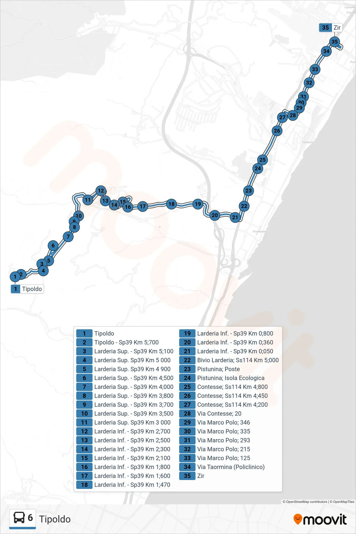 Linea 6  bus (Zir) - Percorsi e fermate sulla mappa