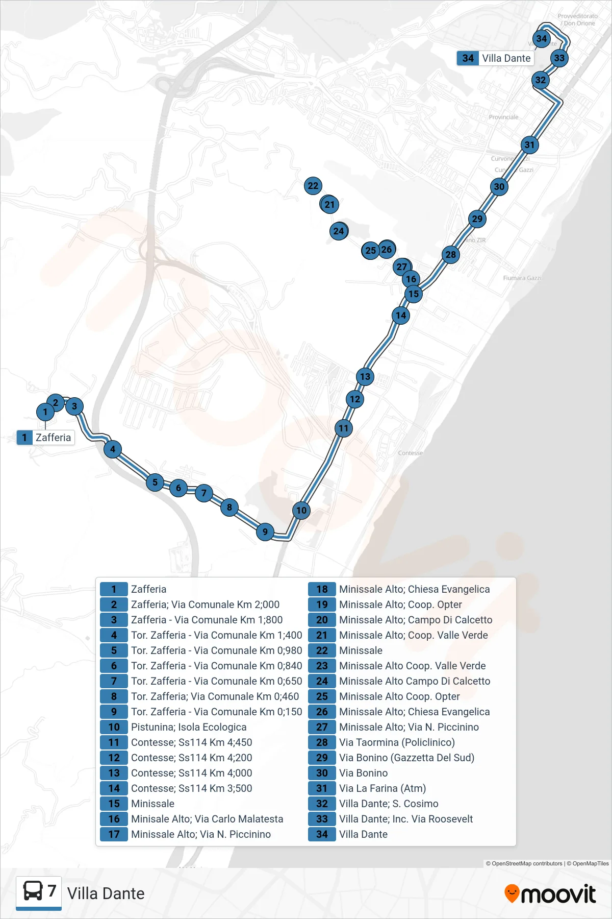 Linea 7  bus (Villa Dante) - Percorsi e fermate sulla mappa