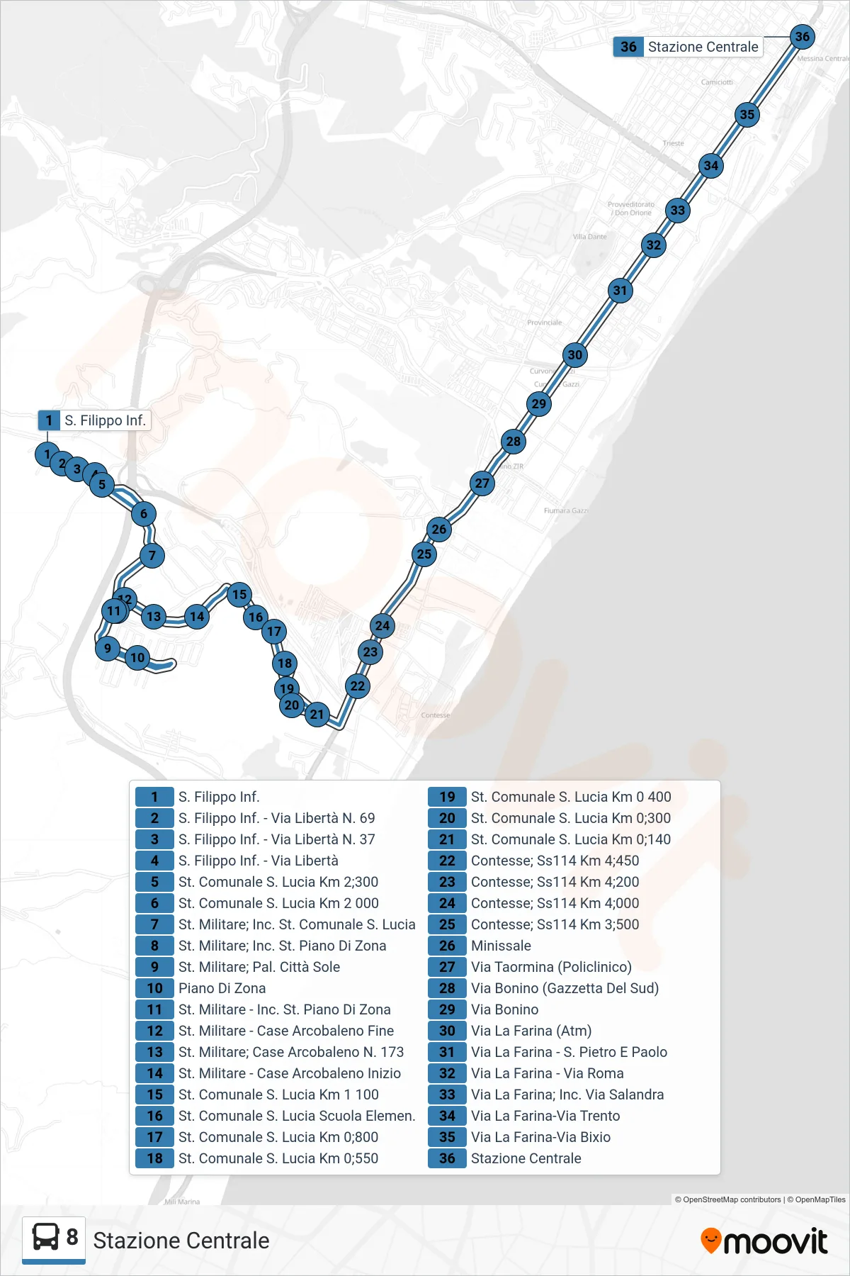8 bus Line (Central Station) route and stops on a map