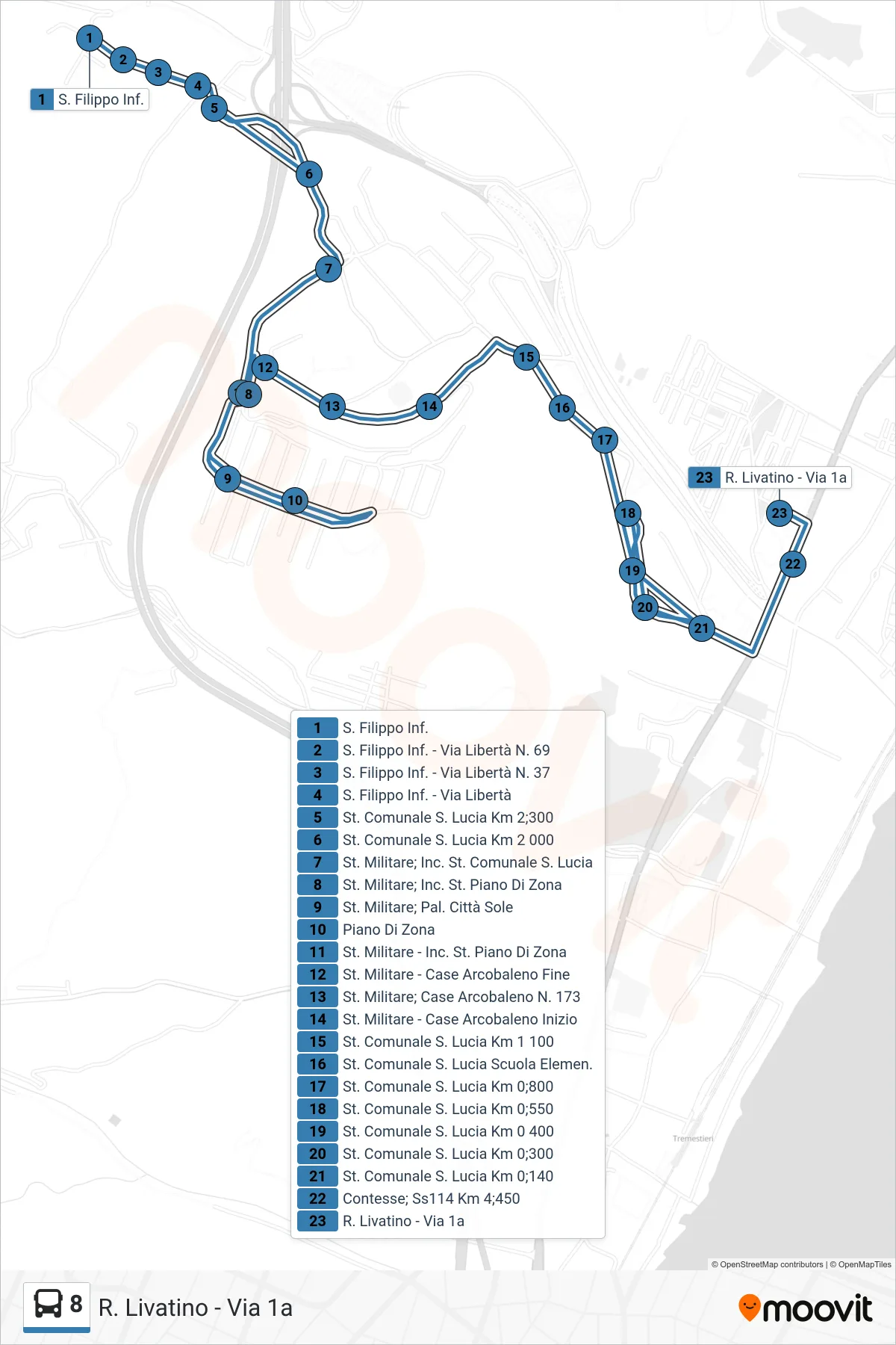 8 bus Line (R. Livatino - Street 1a) route and stops on a map