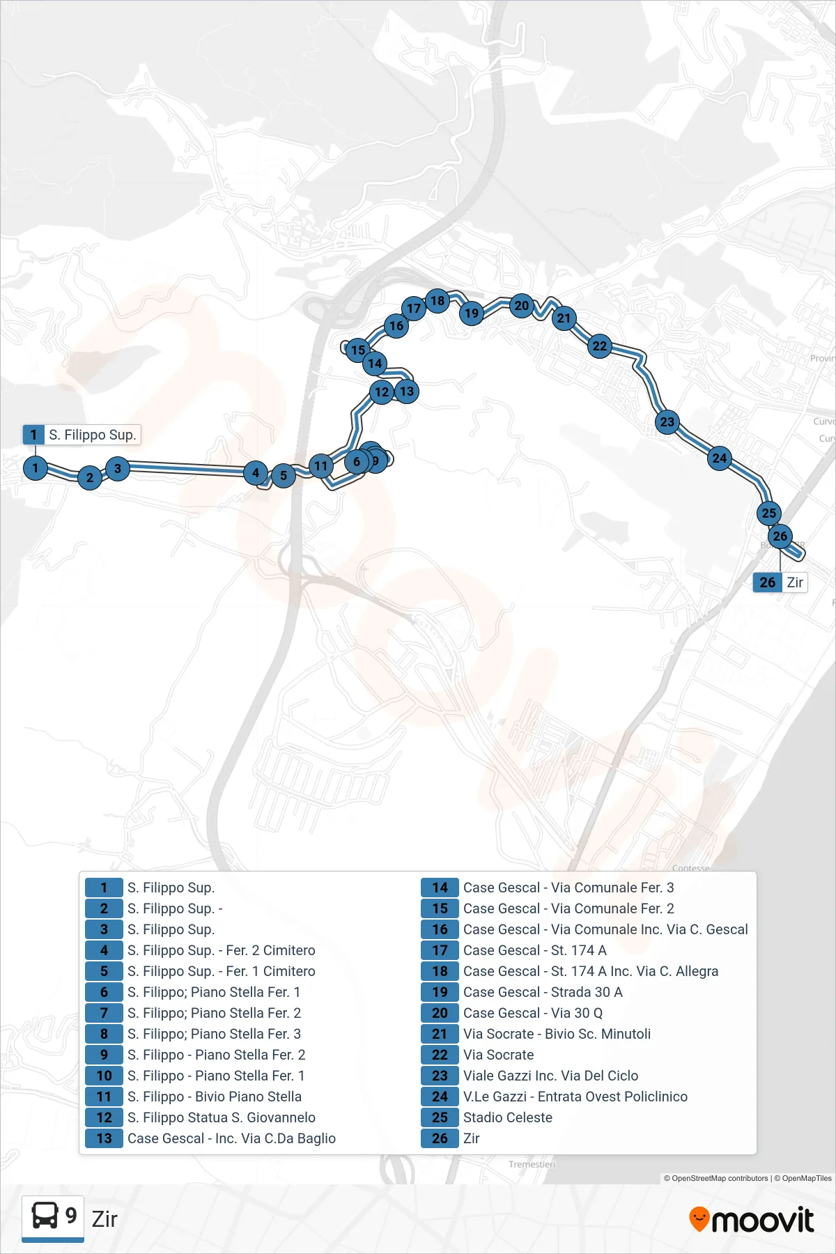 Linea 9 bus (Zir) - Percorsi e fermate sulla mappa