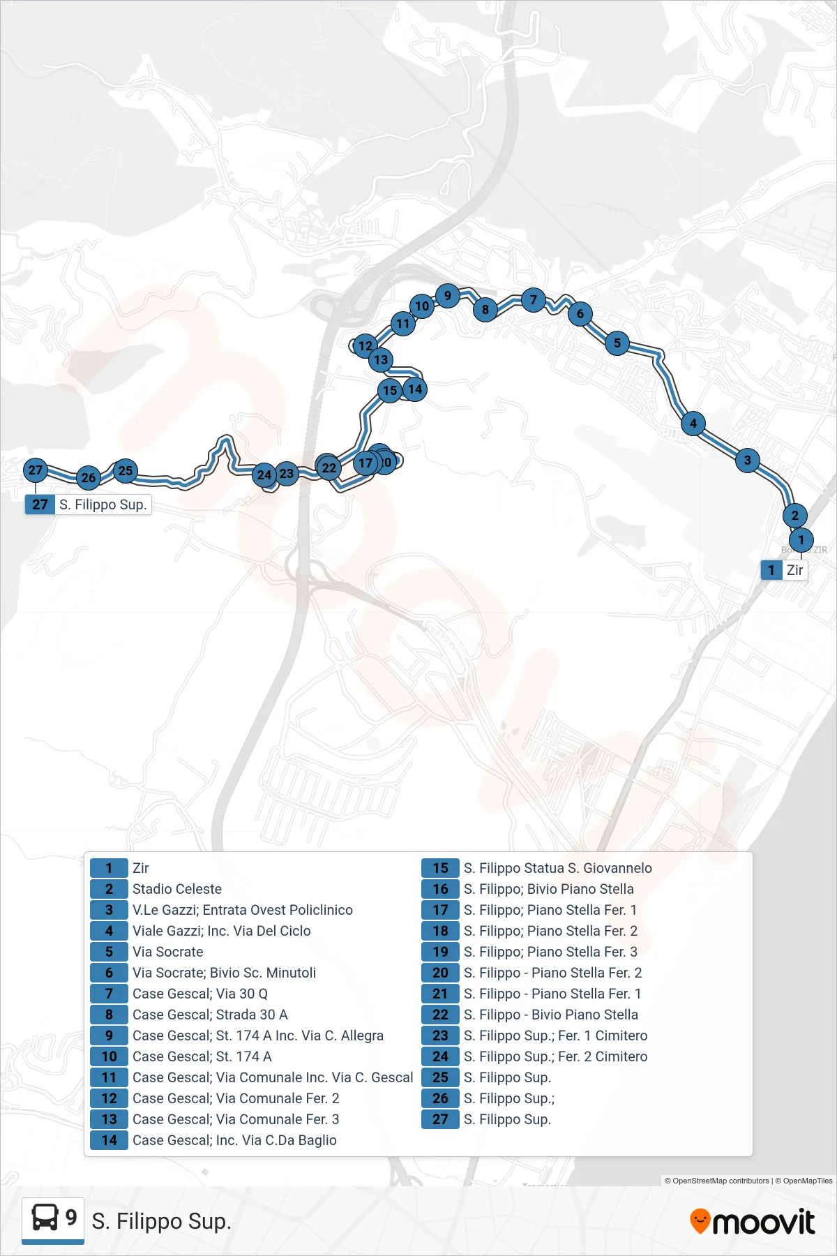 Linea 9  bus (S. Filippo Sup.) - Percorsi e fermate sulla mappa