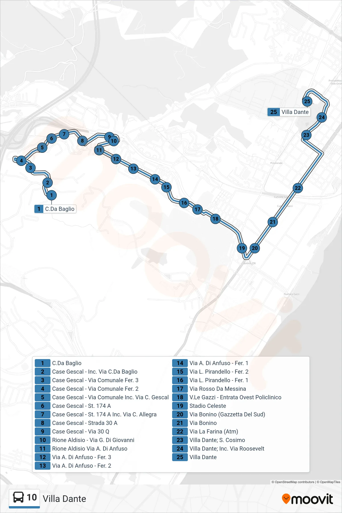 Linea 10 bus (Villa Dante) - Percorsi e fermate sulla mappa