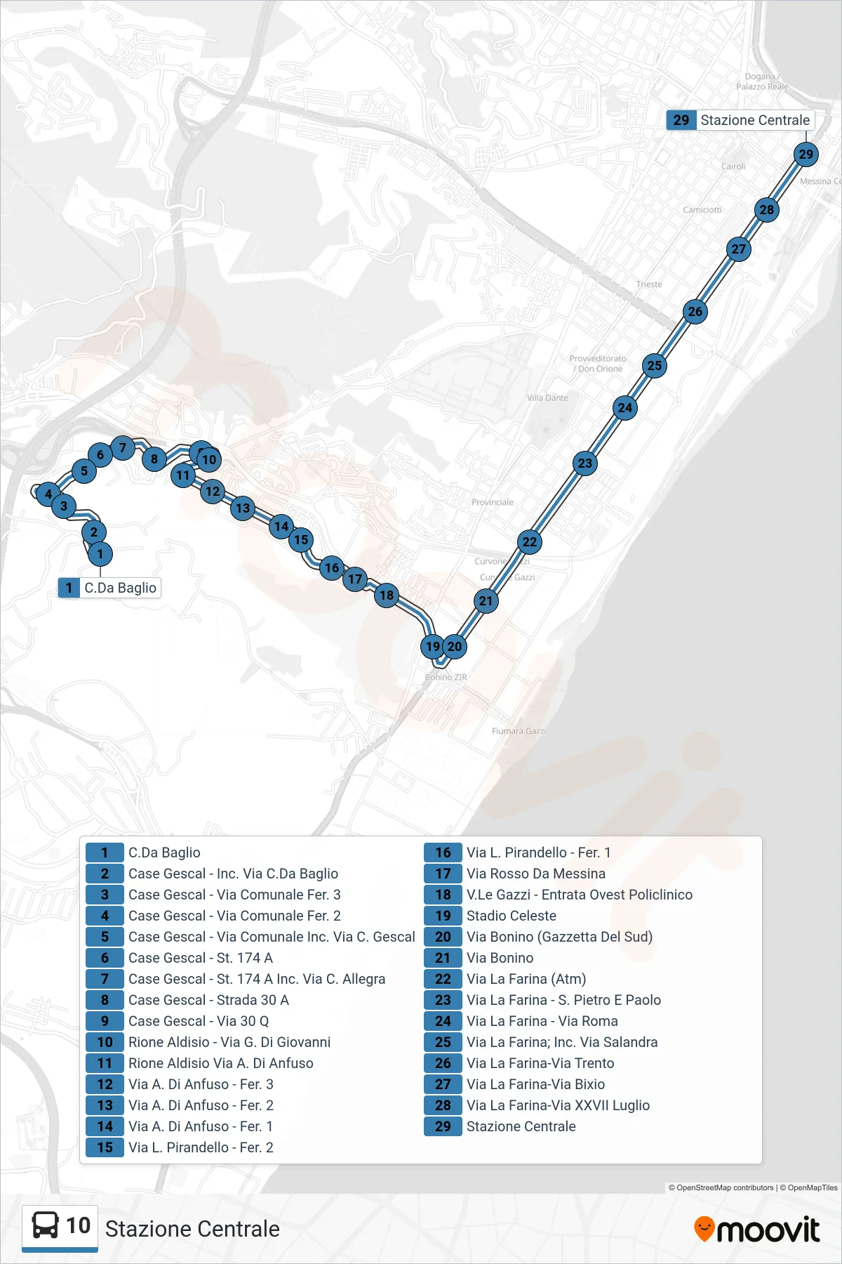 Linea 10  bus (Stazione Centrale) - Percorsi e fermate sulla mappa