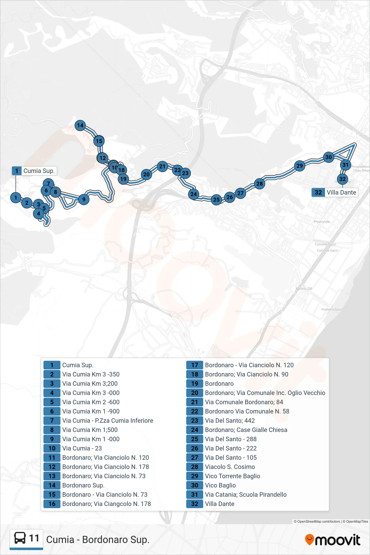 Linea 11 bus (Villa Dante) - Percorsi e fermate sulla mappa