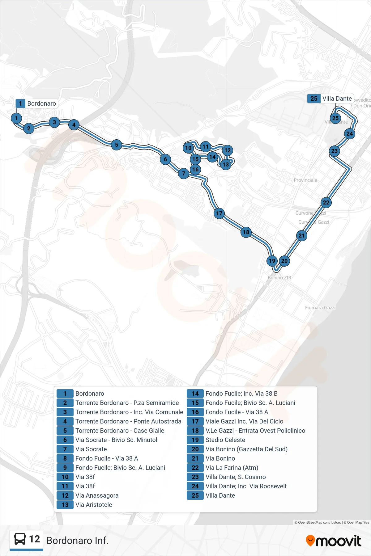 Linea 12  bus (Villa Dante) - Percorsi e fermate sulla mappa