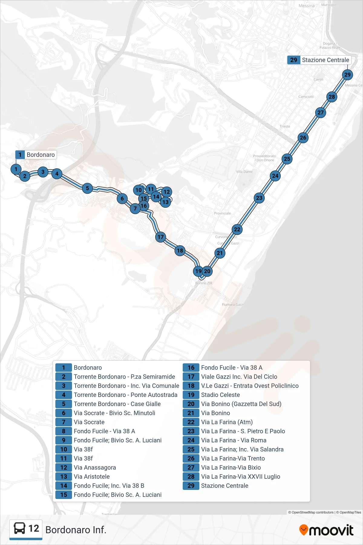 Linea 12  bus (Stazione Centrale) - Percorsi e fermate sulla mappa