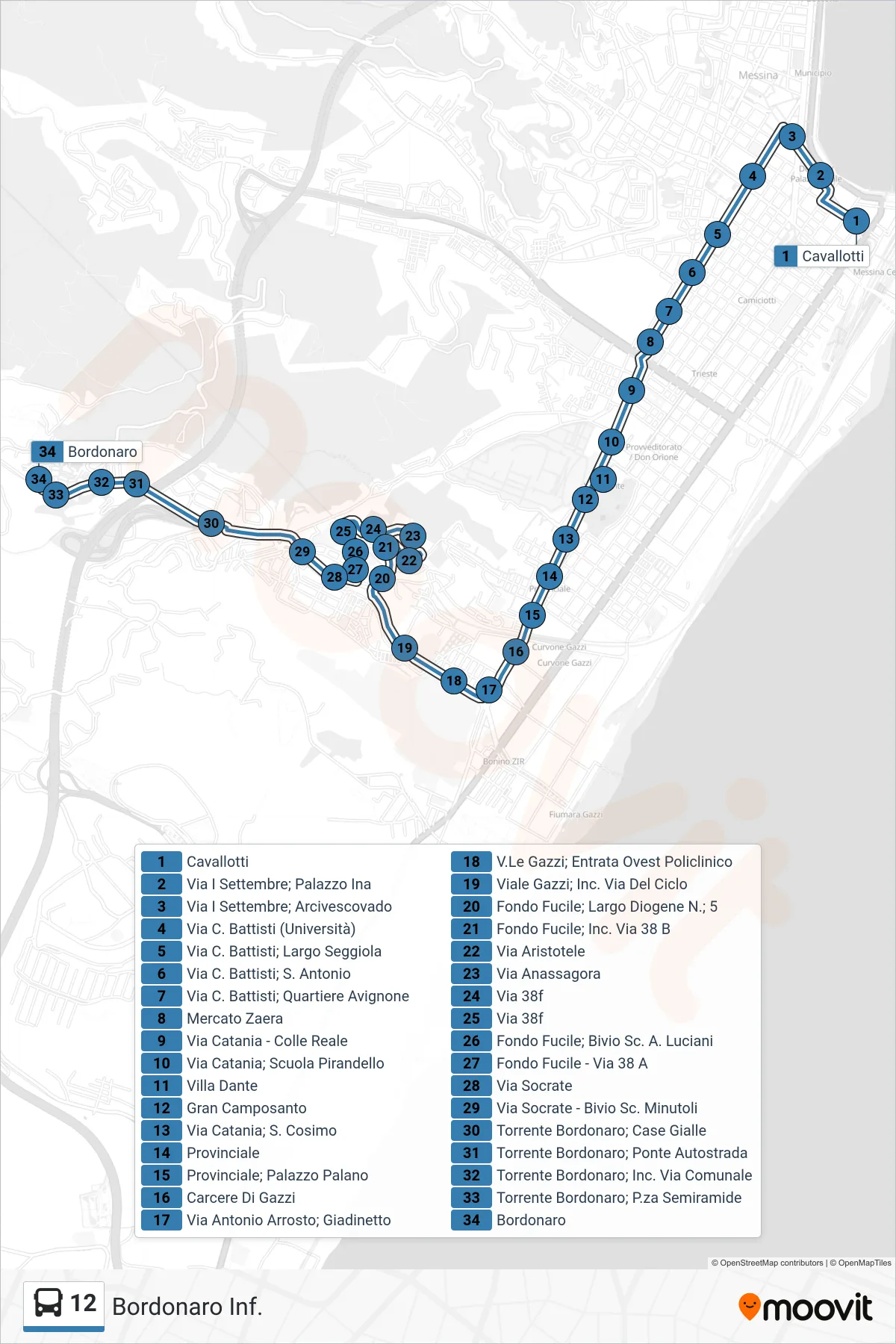 Linea 12 bus (Bordonaro) - Percorsi e fermate sulla mappa