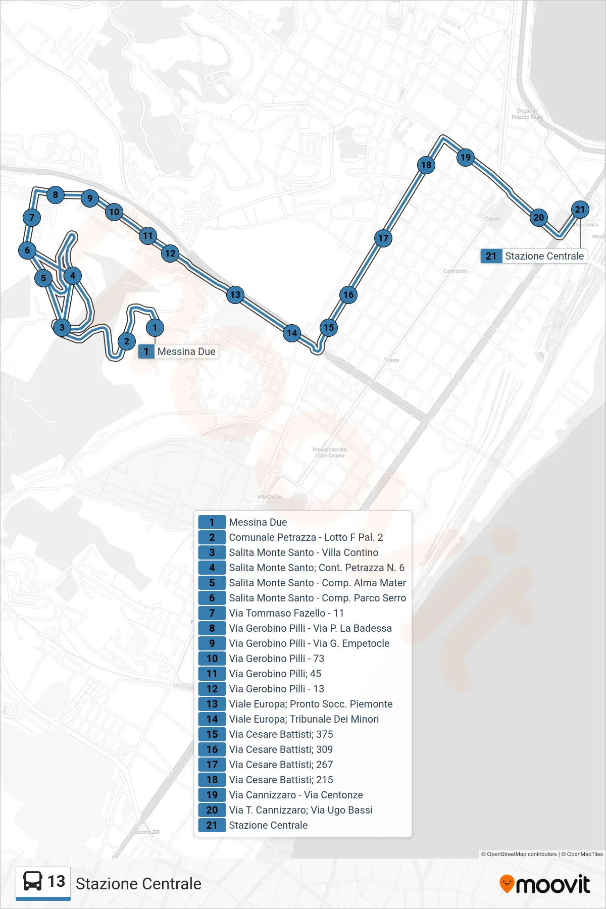 Linea 13 bus (Stazione Centrale) - Percorsi e fermate sulla mappa