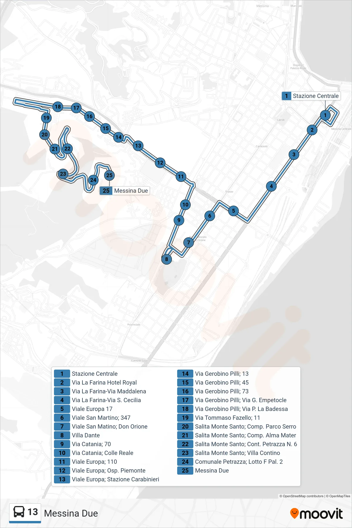 Linea 13  bus (Messina Due) - Percorsi e fermate sulla mappa