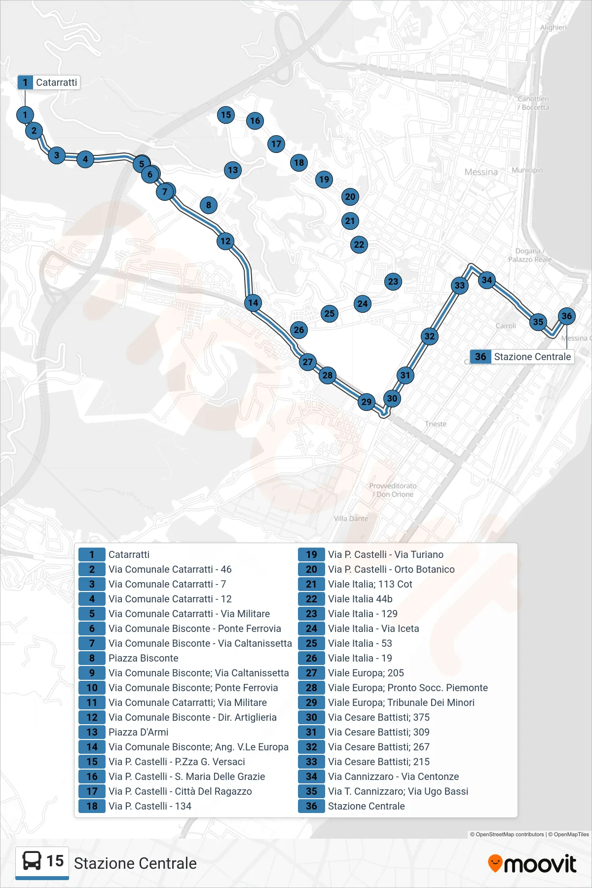 Linea 15 bus (Stazione Centrale) - Percorsi e fermate sulla mappa